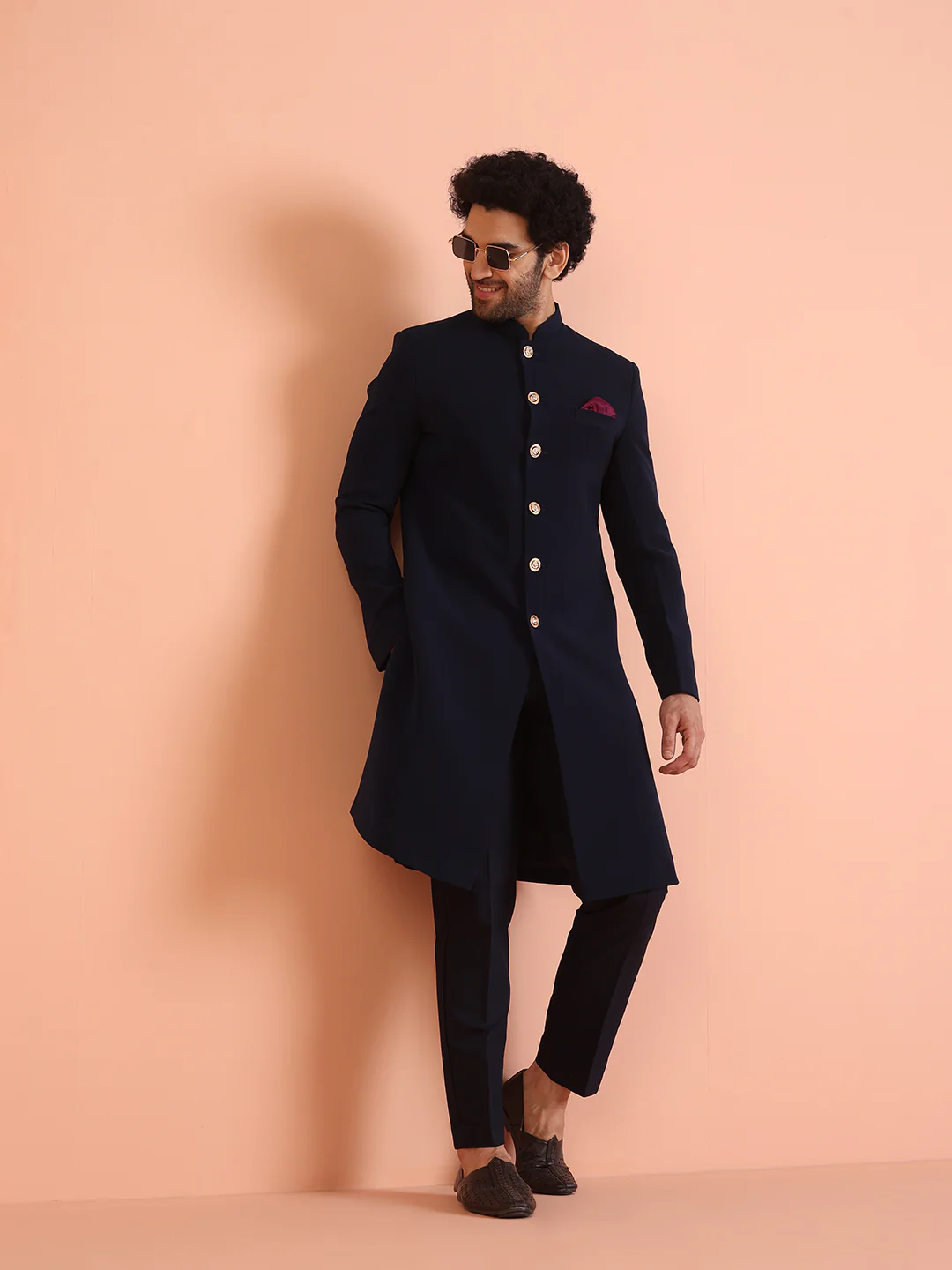 Men Navy Blue Solid Indowestern Trouser Set