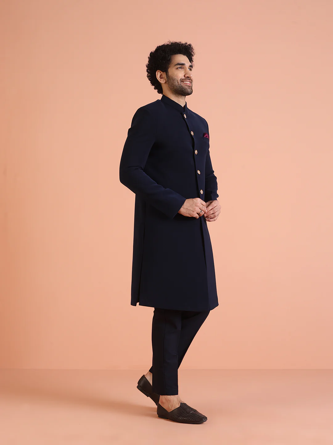 Men Navy Blue Solid Indowestern Trouser Set - Image 2