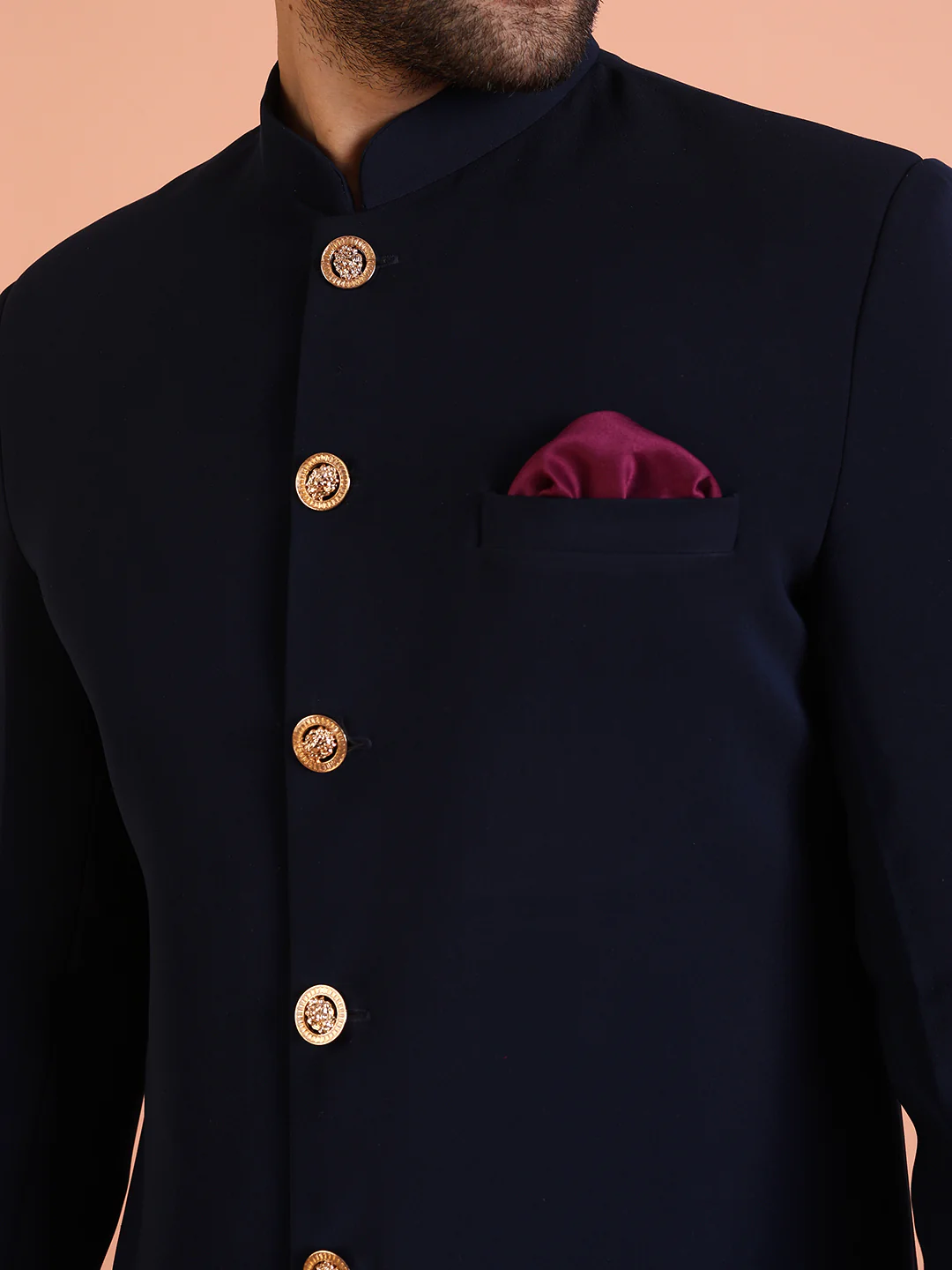 Men Navy Blue Solid Indowestern Trouser Set - Image 5