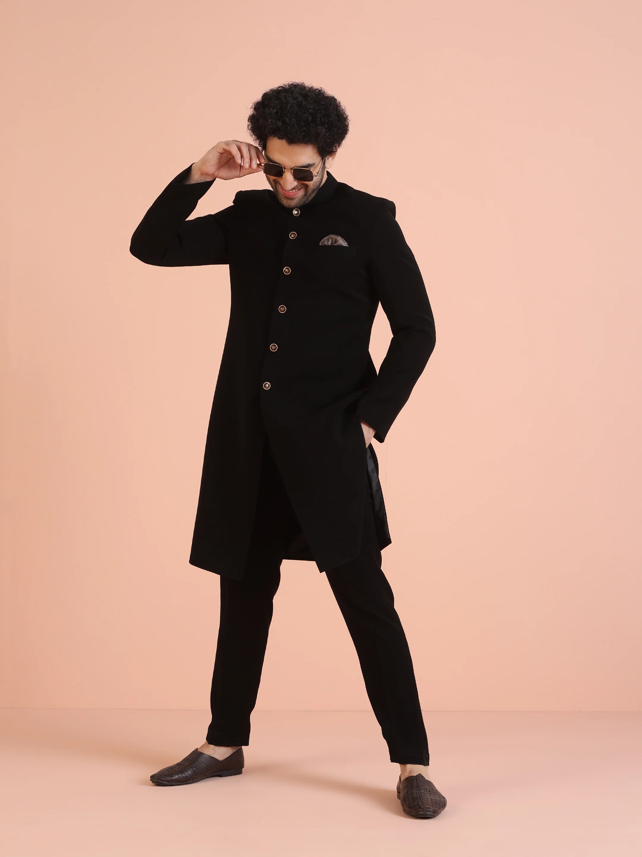 Men Black Solid Indowestern Trouser Set - Image 7