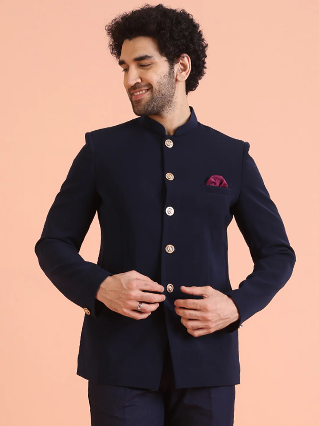 Navy Blue Solid TR Suiting Jodhpuri Bandhgala