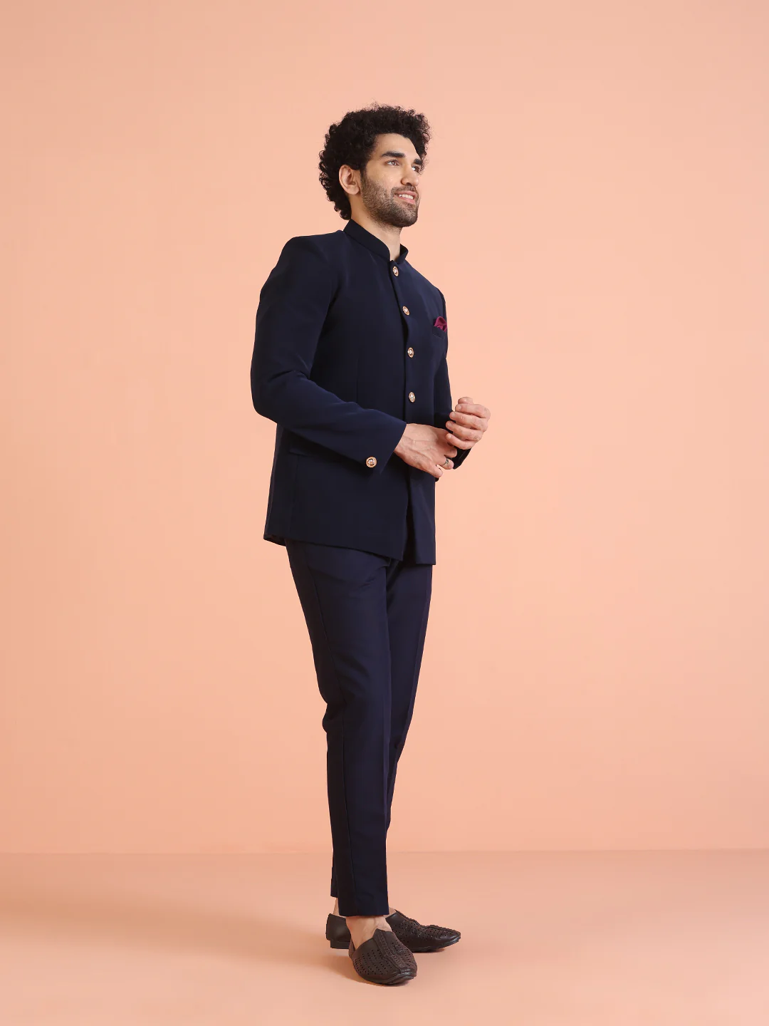 Navy Blue Solid TR Suiting Jodhpuri Bandhgala - Image 2