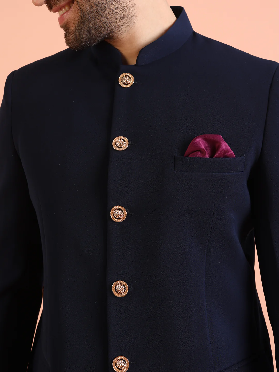 Navy Blue Solid TR Suiting Jodhpuri Bandhgala - Image 5