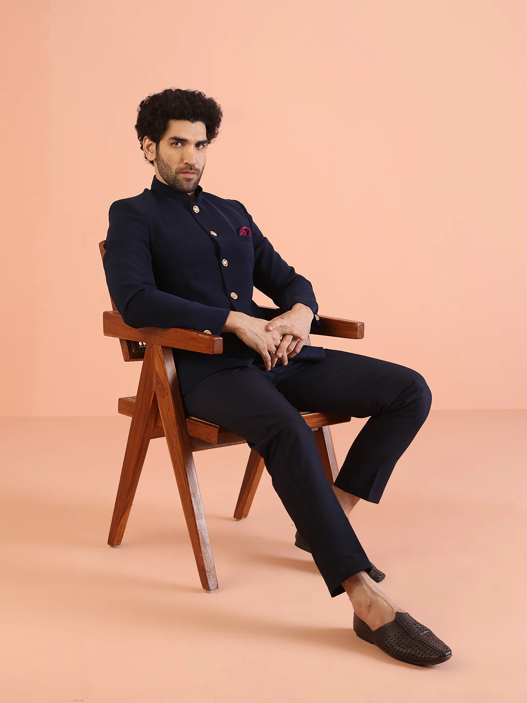 Navy Blue Solid TR Suiting Jodhpuri Bandhgala - Image 7