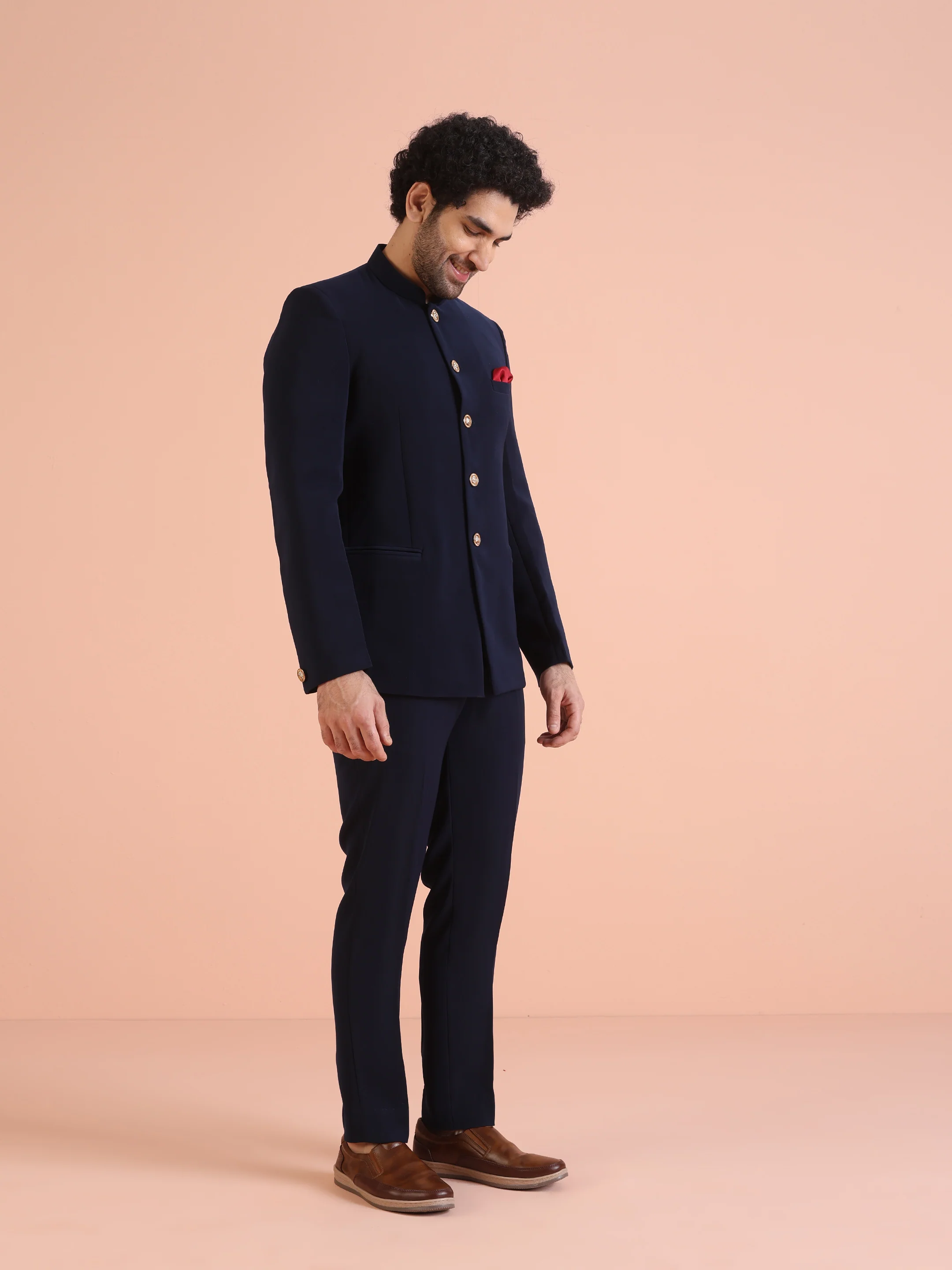 Navy Blue Bandhgala Suit Set with Red Pocket Square - Image 2