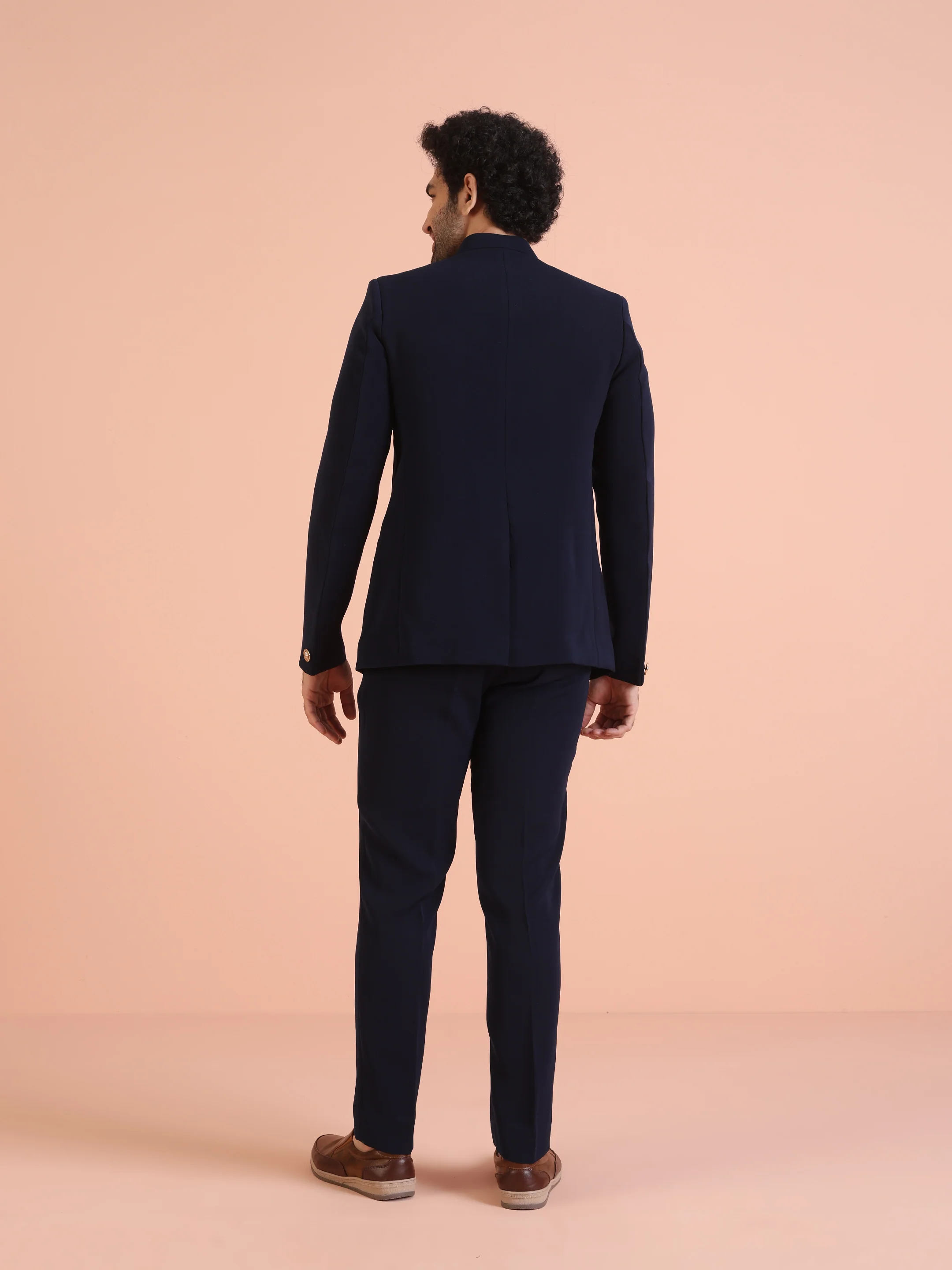 Navy Blue Bandhgala Suit Set with Red Pocket Square - Image 4