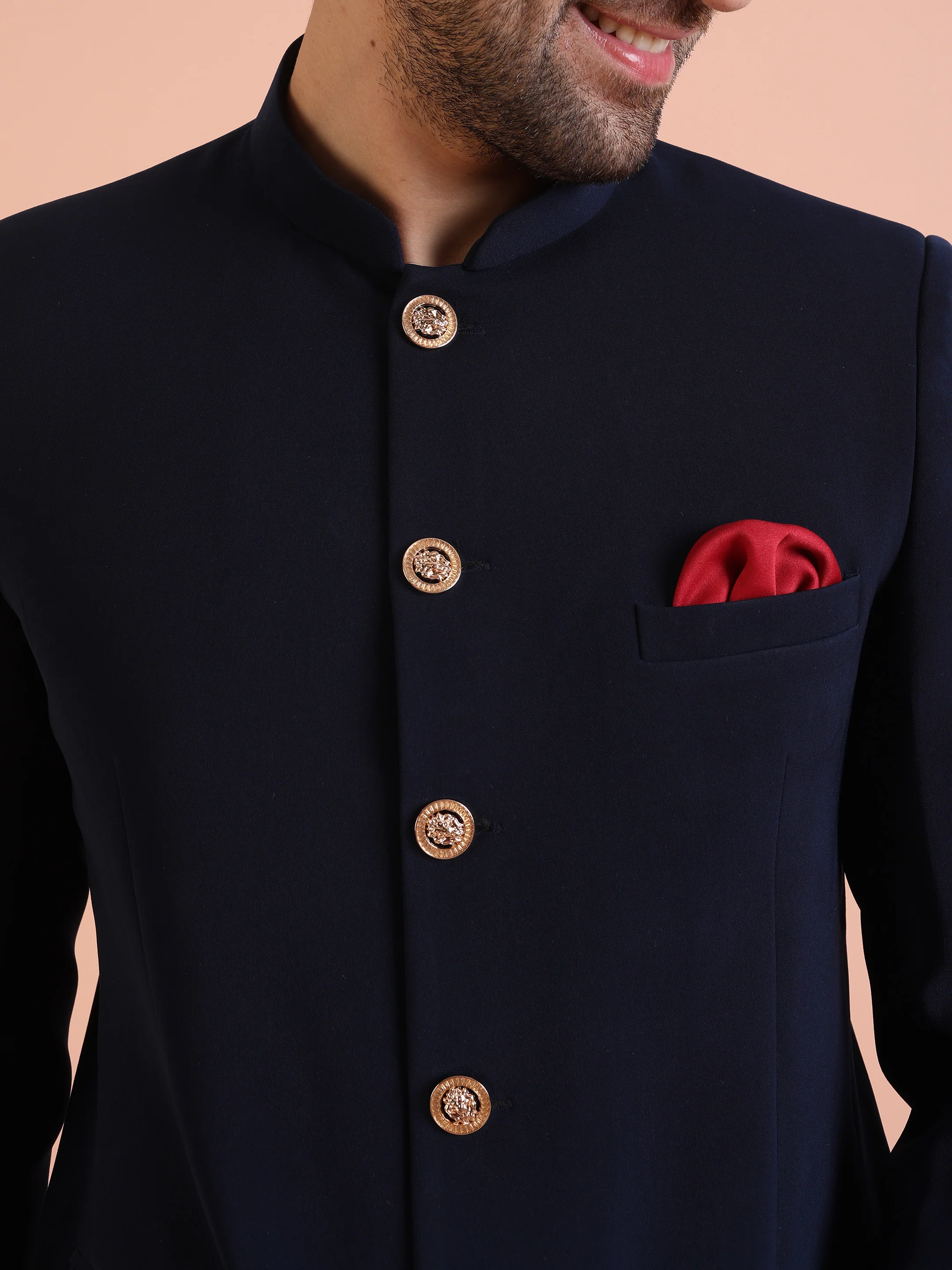 Navy Blue Bandhgala Suit Set with Red Pocket Square - Image 5