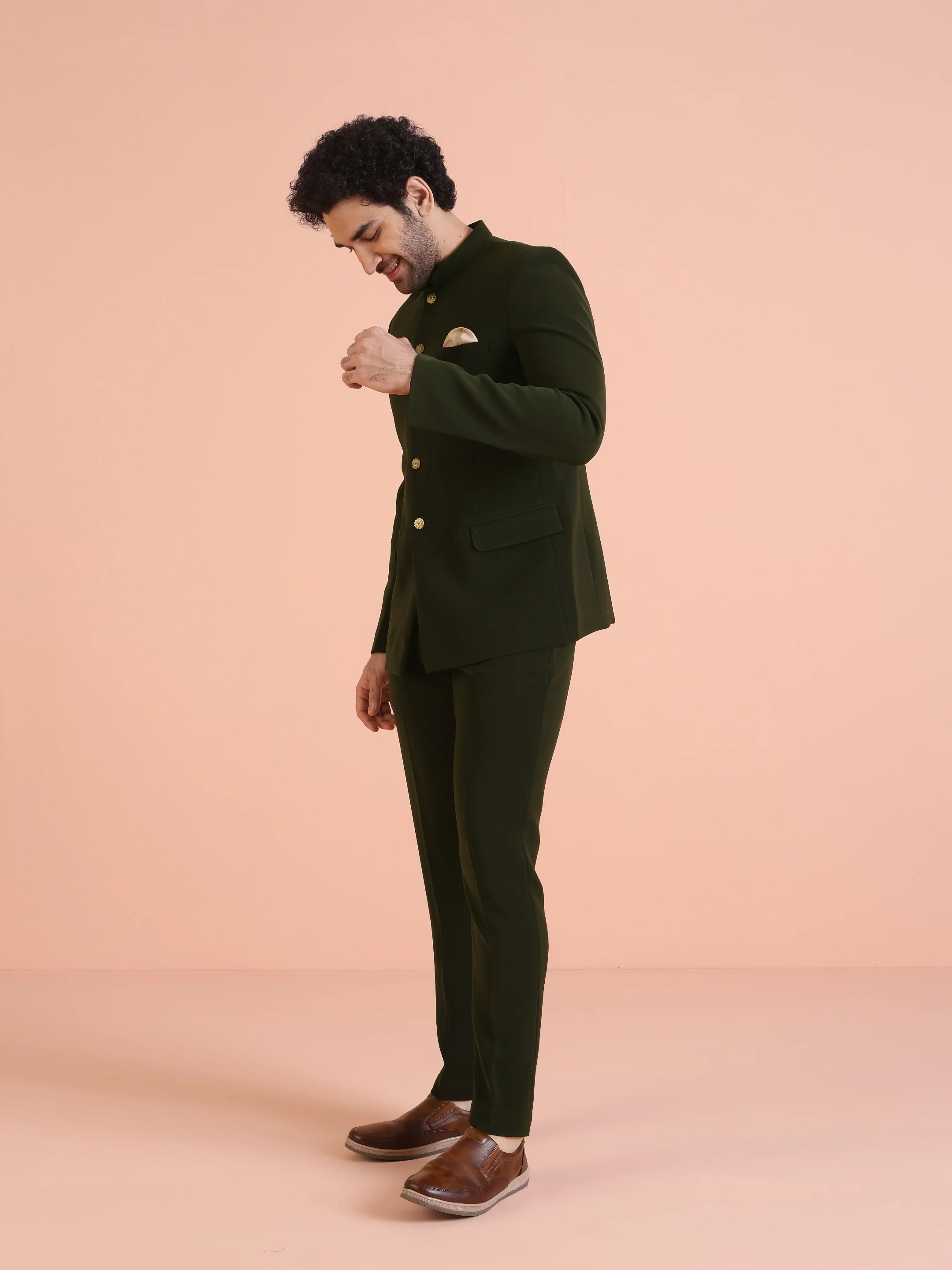 Olive Green Silk Blend Solid Jodhpuri Bandhgala - Image 3