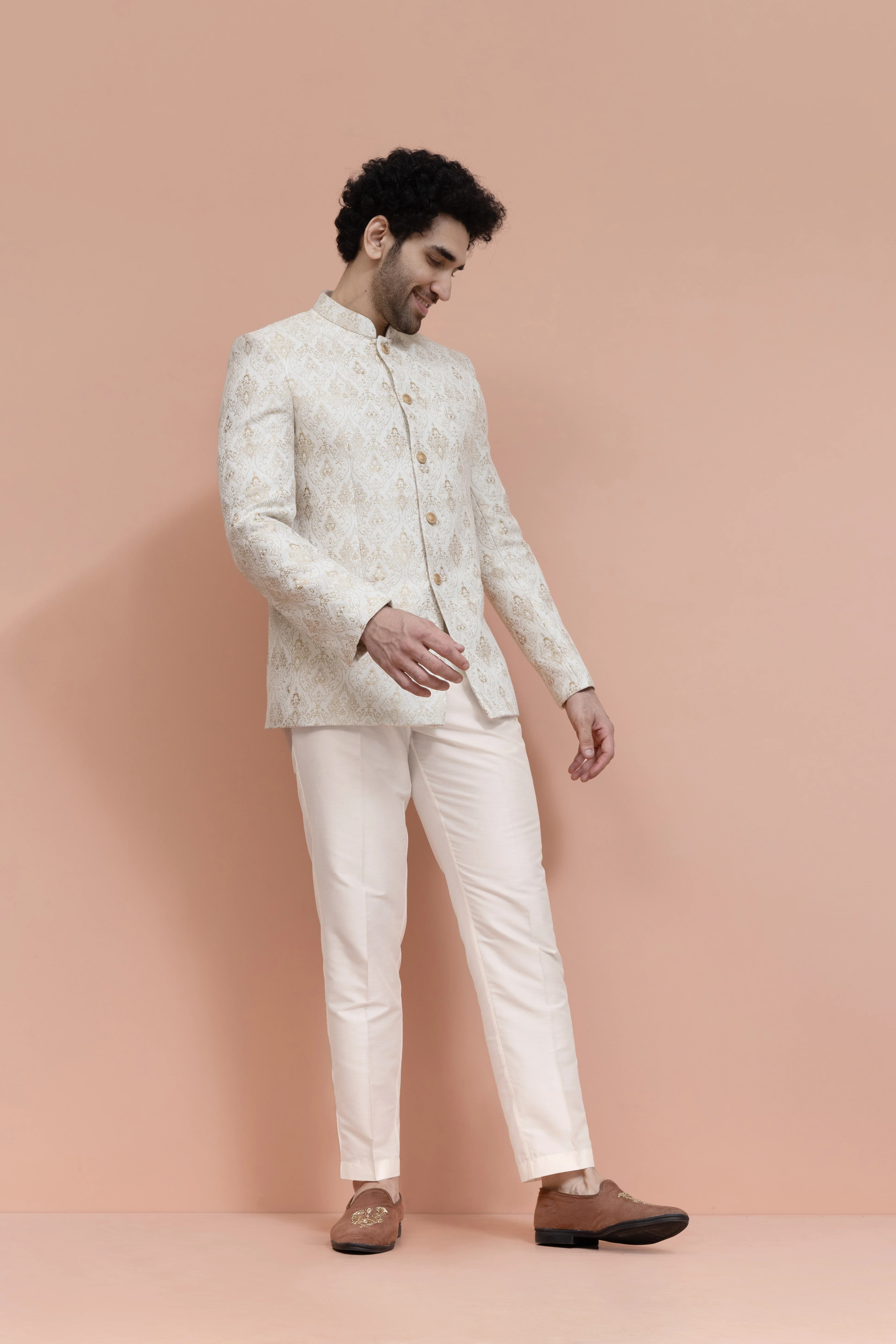 Cream Silk Blend Brocade Jodhpuri Bandhgala - Image 3