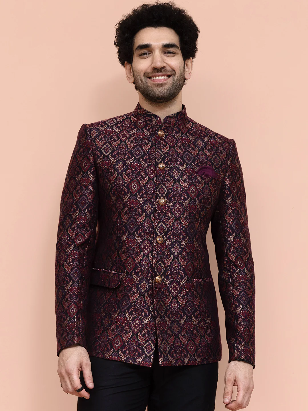 Maroon Silk Blend Embroidered Jodhpuri Bandhgala