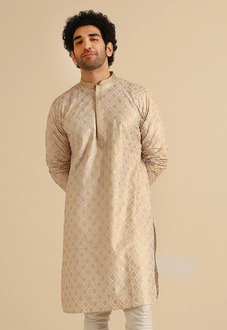 Kisah Beige Silk Blend Kurta with Intricate Woven Design and Mandarin Collar