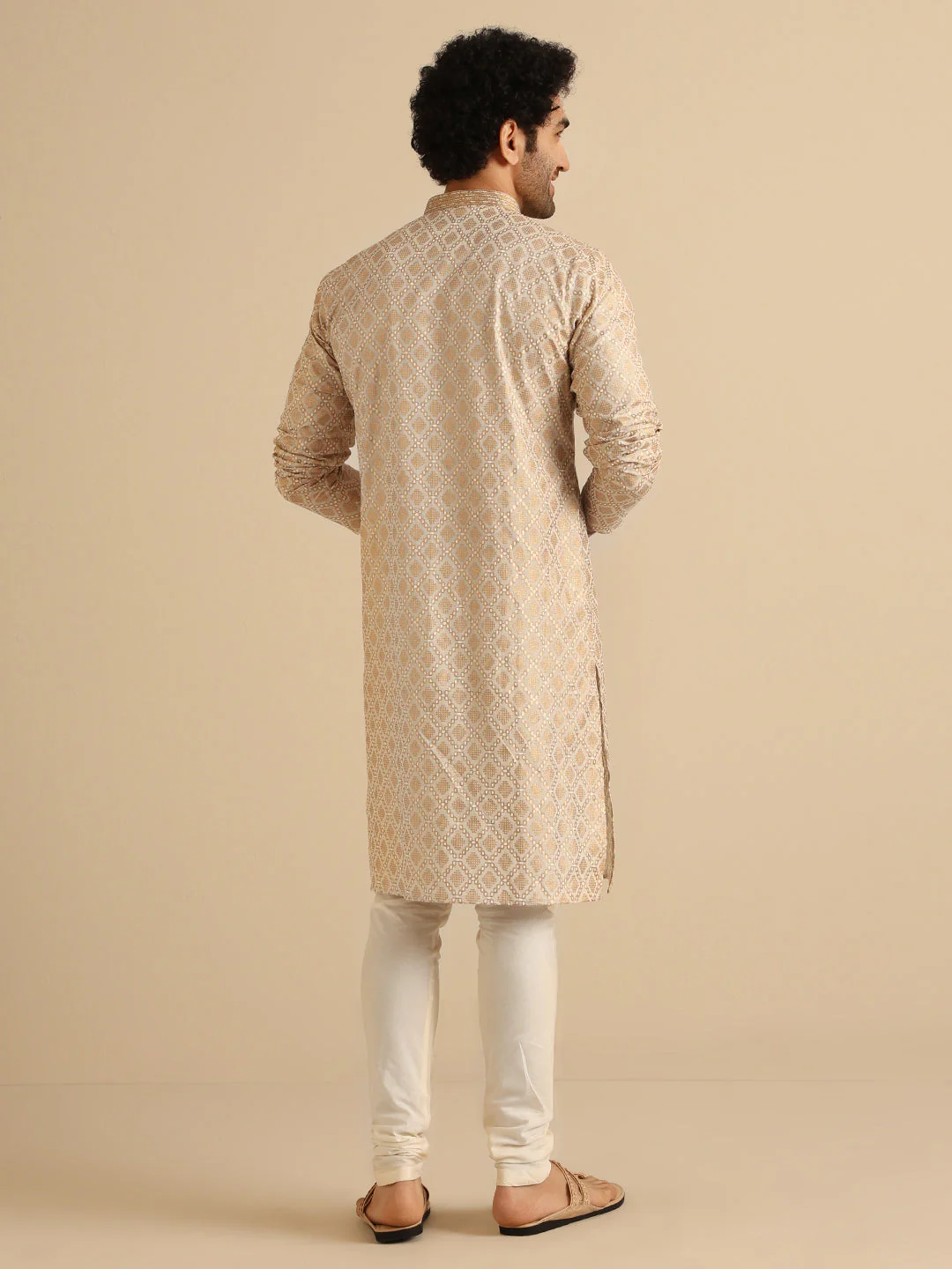 Kisah Beige Silk Blend Kurta with Intricate Woven Design and Mandarin Collar - Image 5