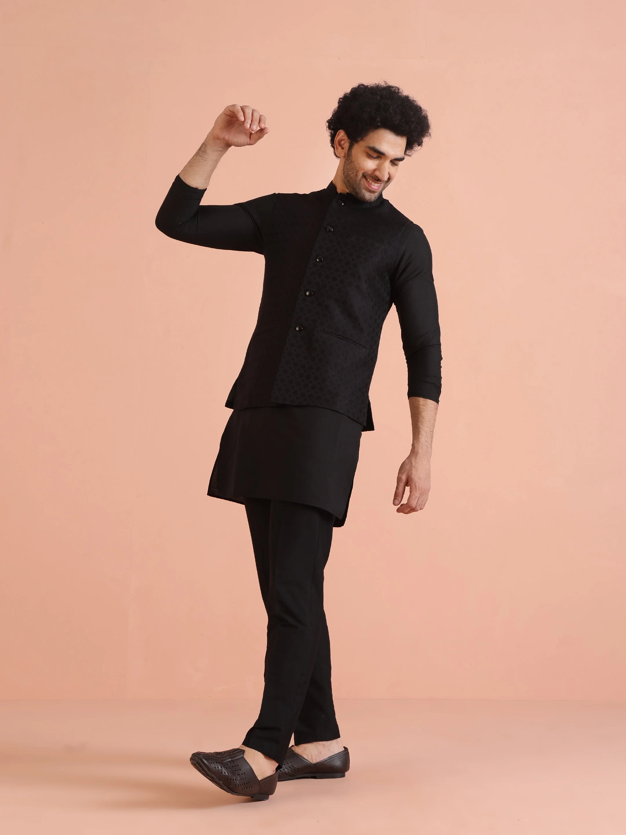 Kisah Black Silk Blend Textured Nehru Jacket - Image 5