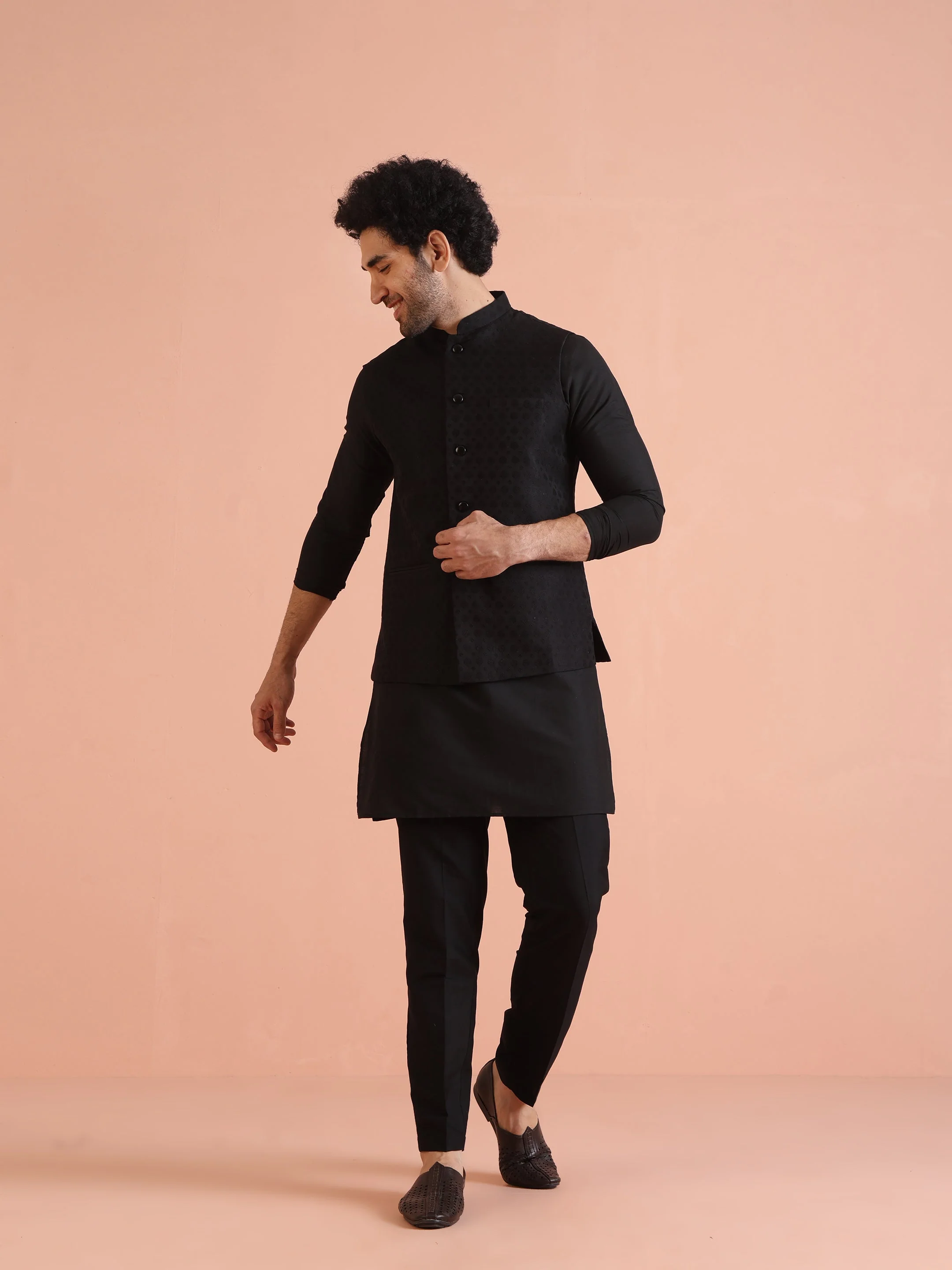 Kisah Black Silk Blend Textured Nehru Jacket - Image 8