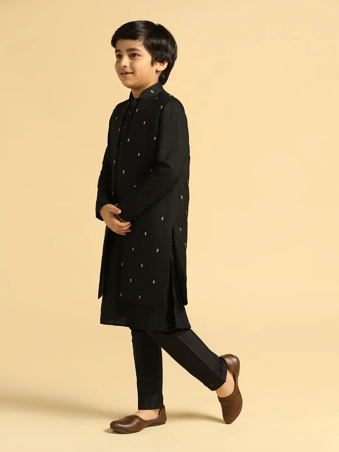 Boy's Black Embroidered Kurta Jacket Pyjama Set - Image 2