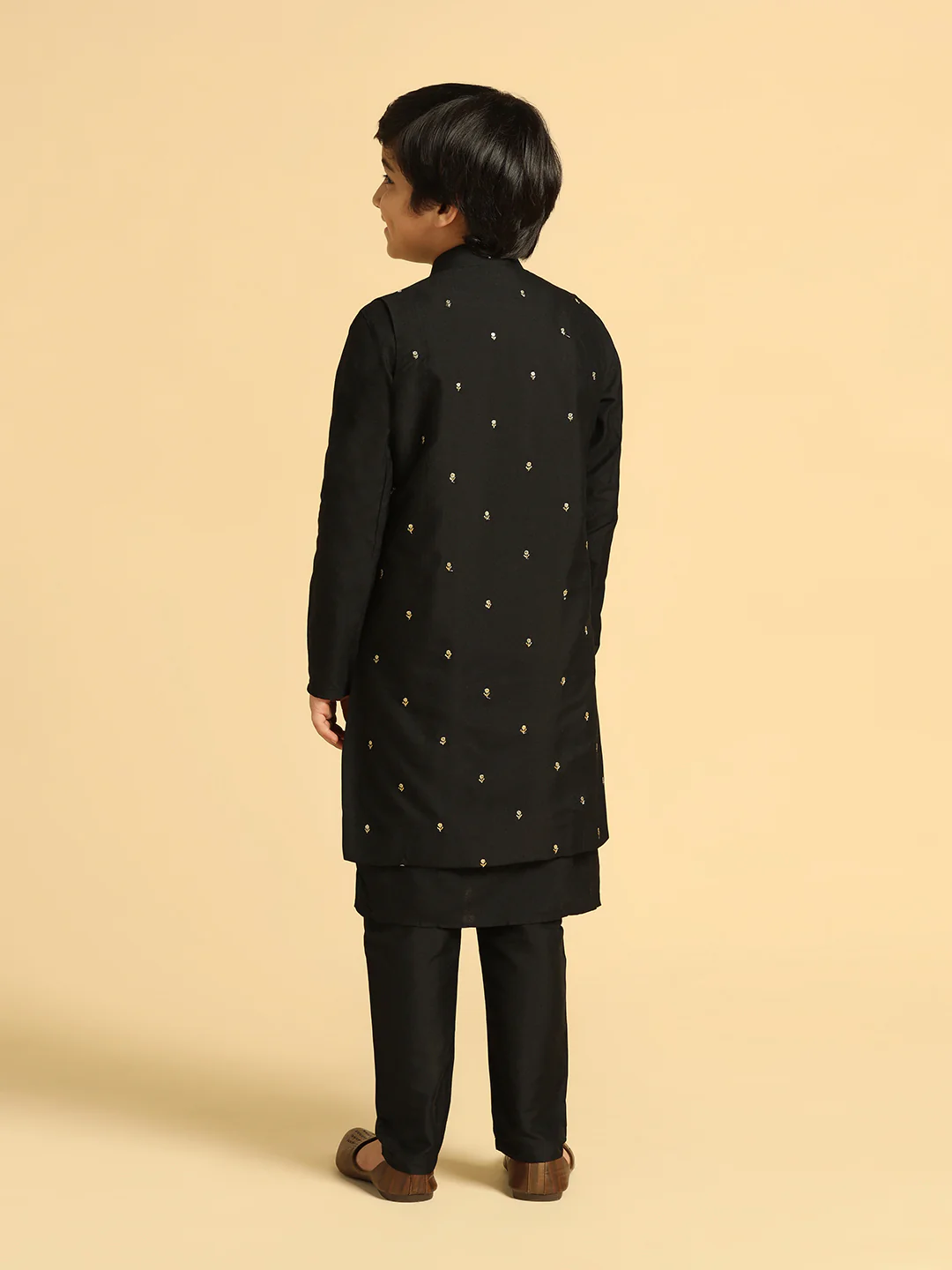 Boy's Black Embroidered Kurta Jacket Pyjama Set - Image 4