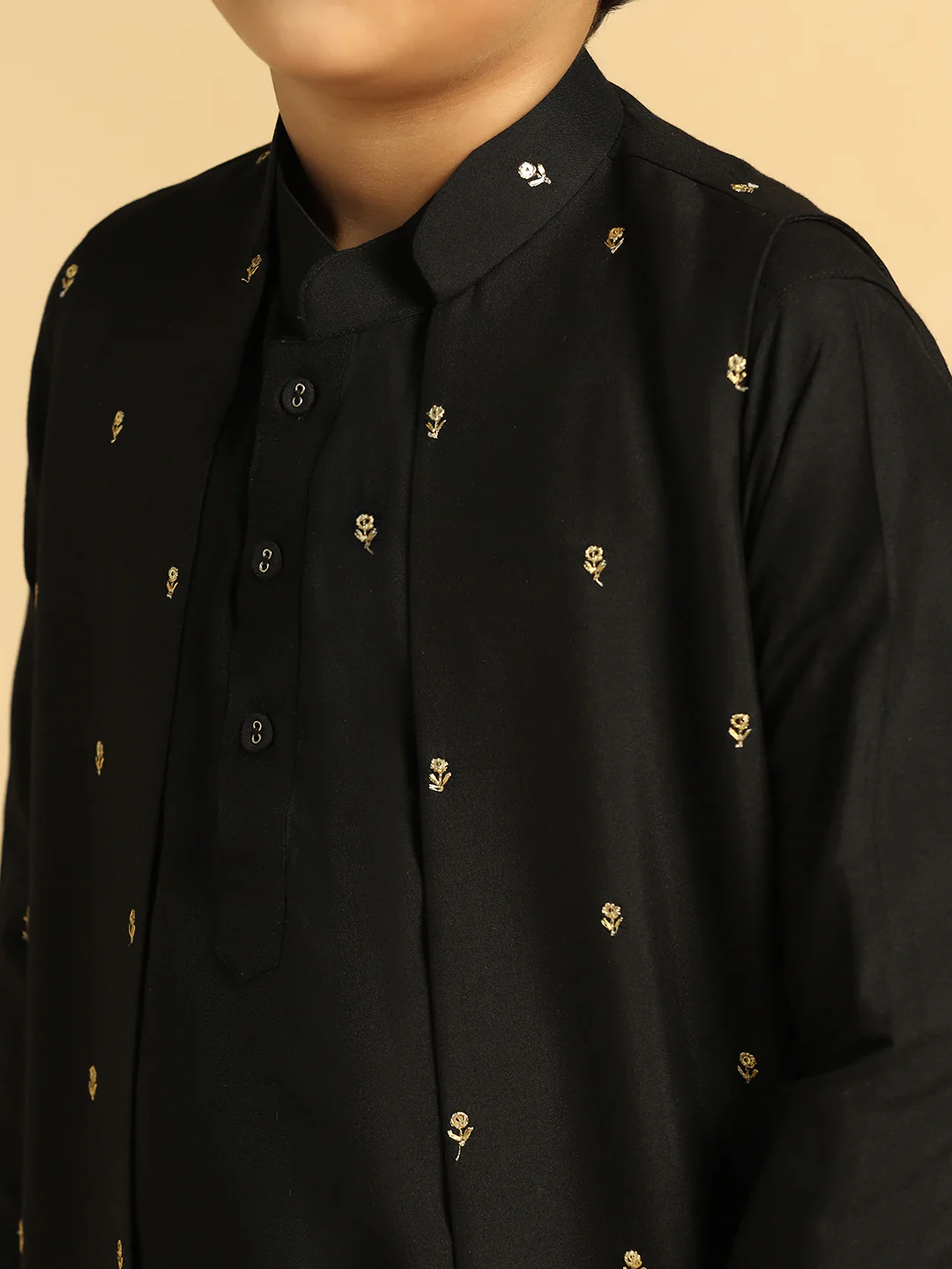 Boy's Black Embroidered Kurta Jacket Pyjama Set - Image 5