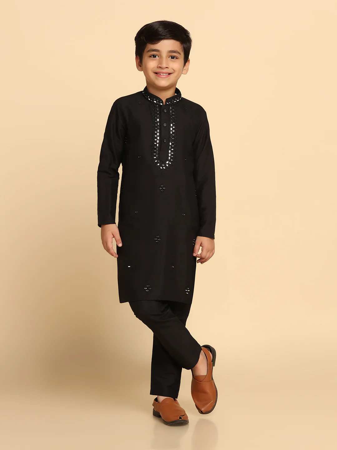 Boy's Black Mirror Work Embroidered Kurta Churidar Set