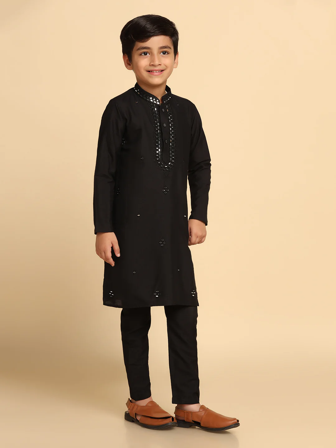 Boy's Black Mirror Work Embroidered Kurta Churidar Set - Image 2