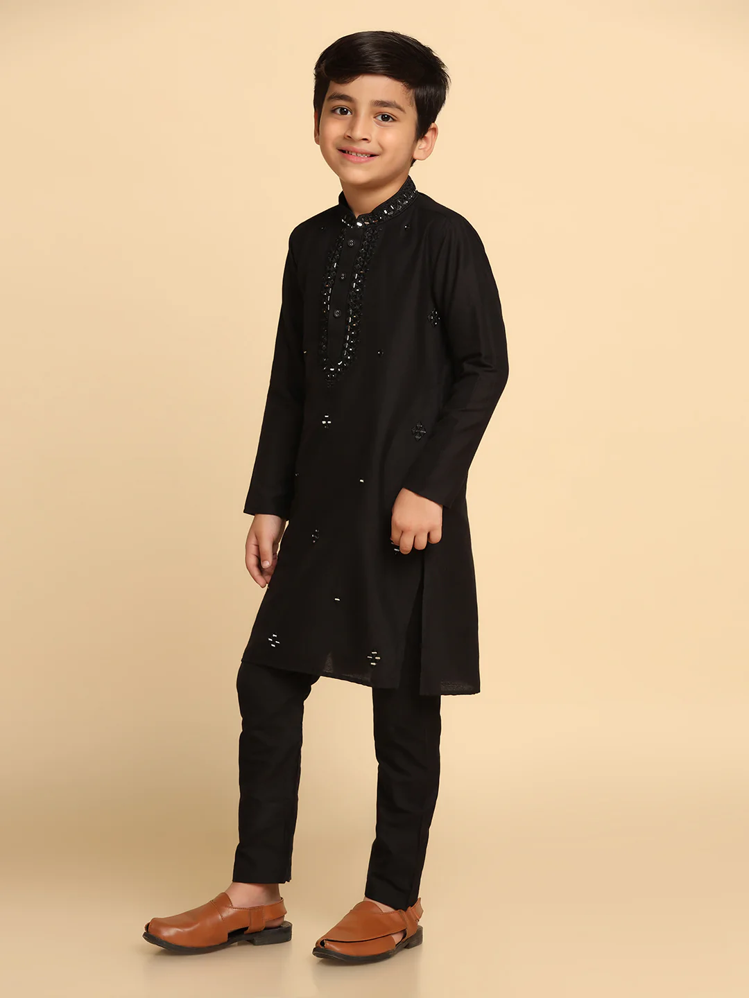 Boy's Black Mirror Work Embroidered Kurta Churidar Set - Image 3