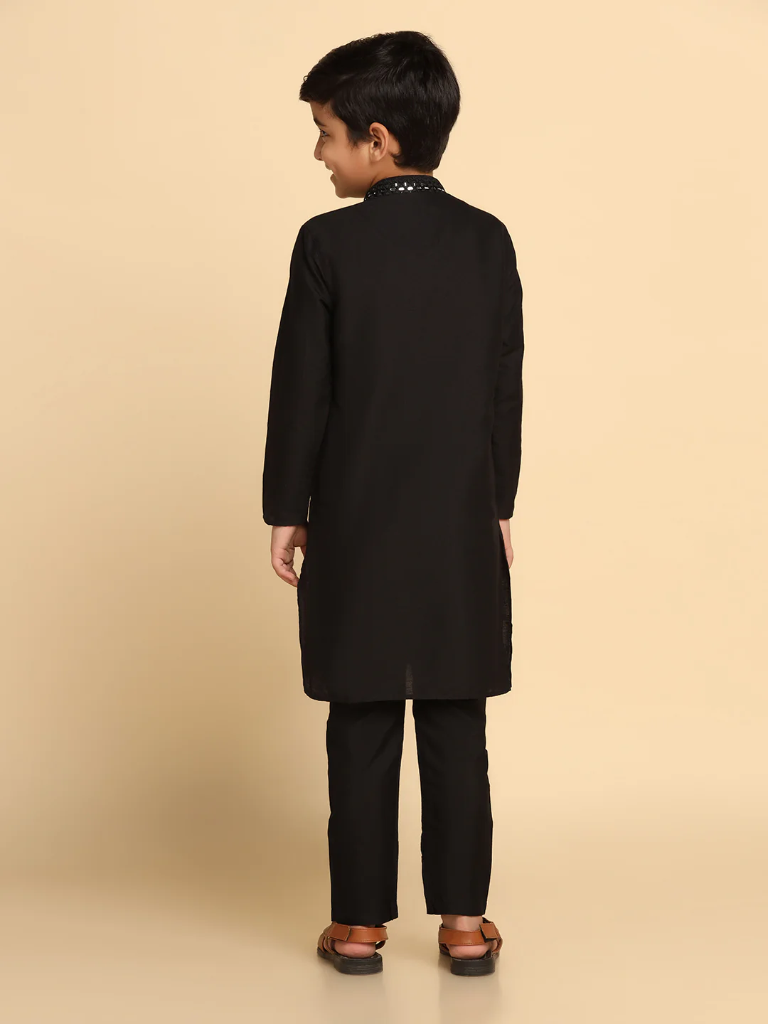 Boy's Black Mirror Work Embroidered Kurta Churidar Set - Image 4