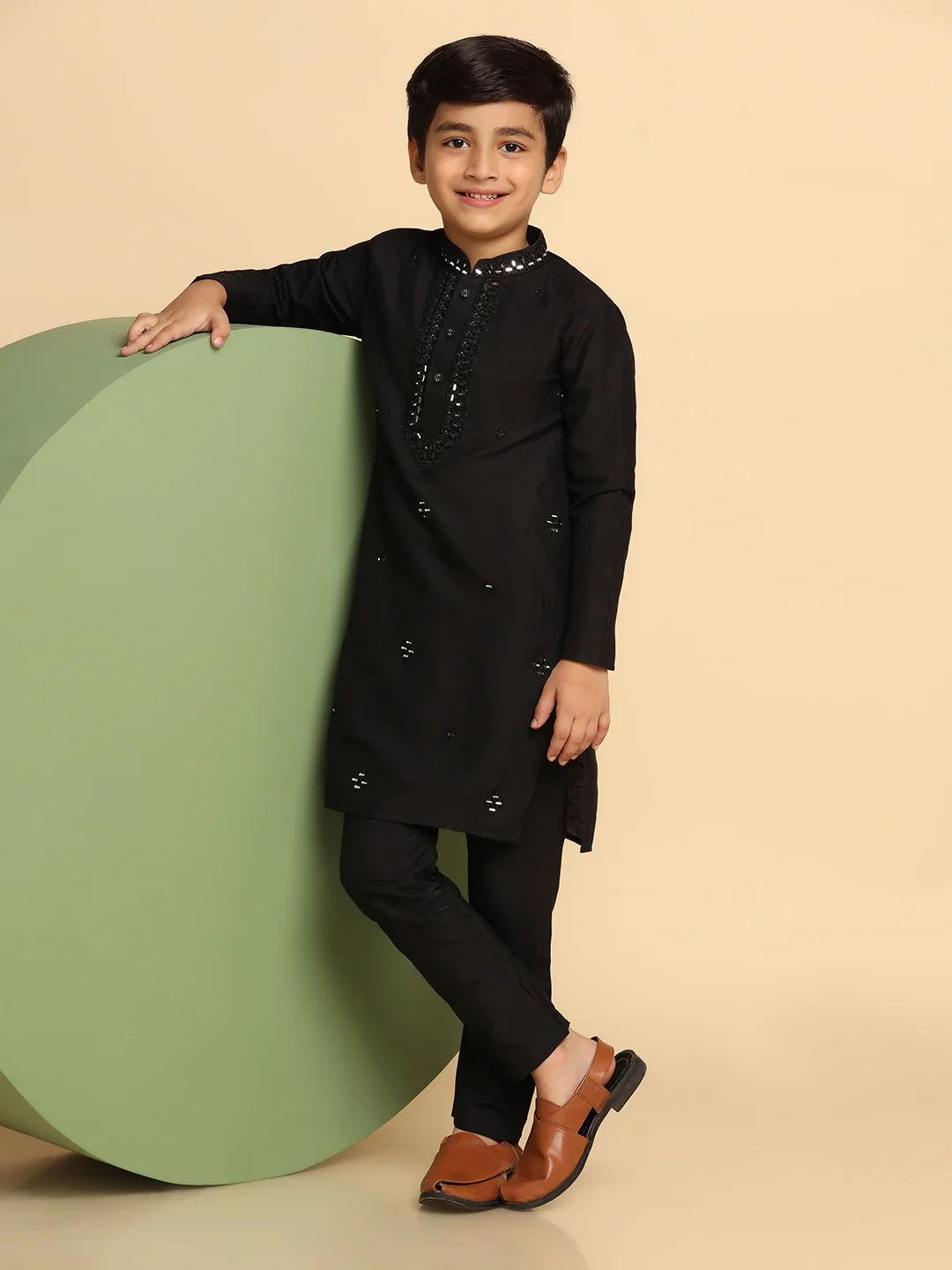 Boy's Black Mirror Work Embroidered Kurta Churidar Set - Image 7