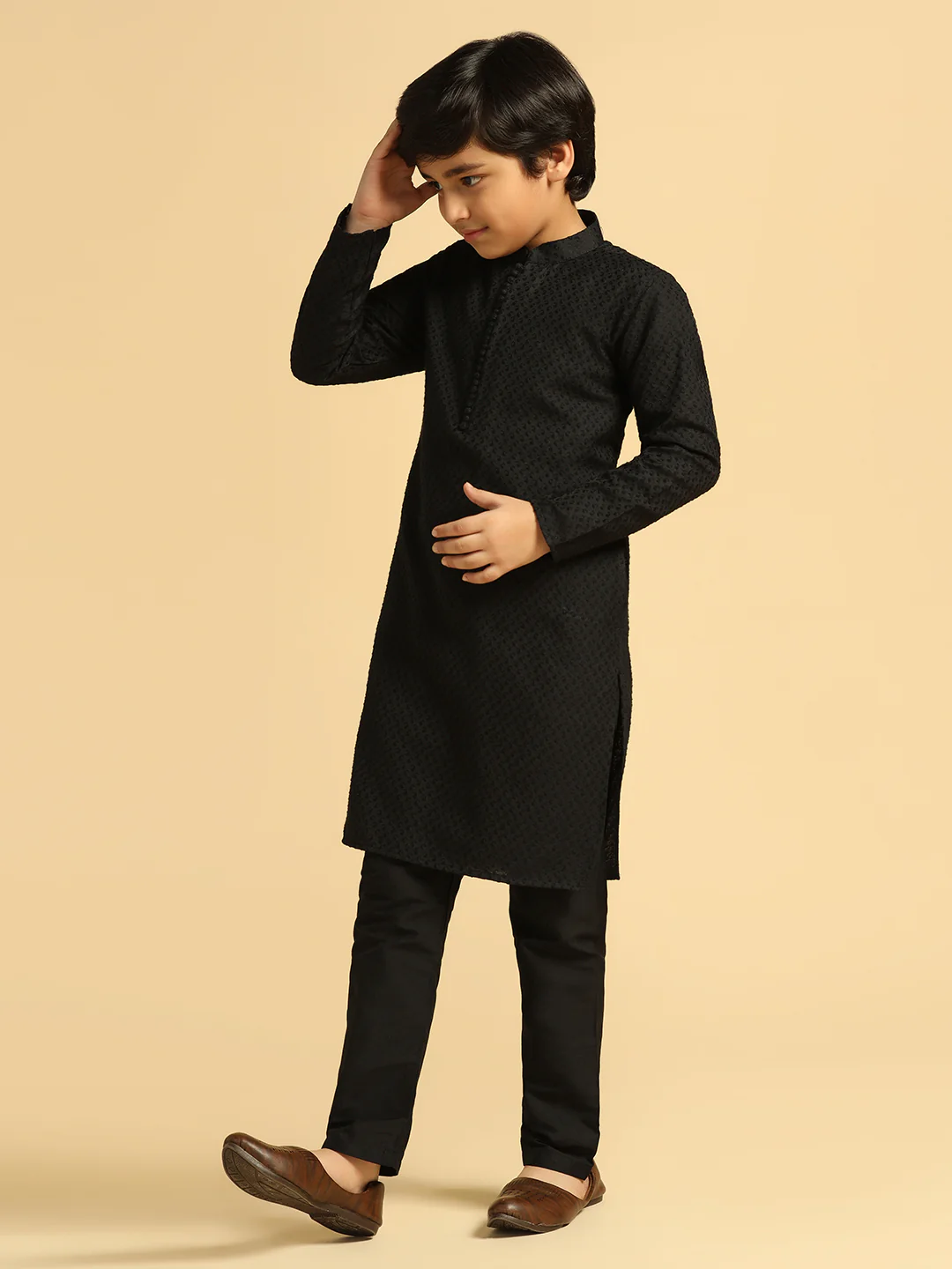 Boy's Black Self Design Kurta - Image 3
