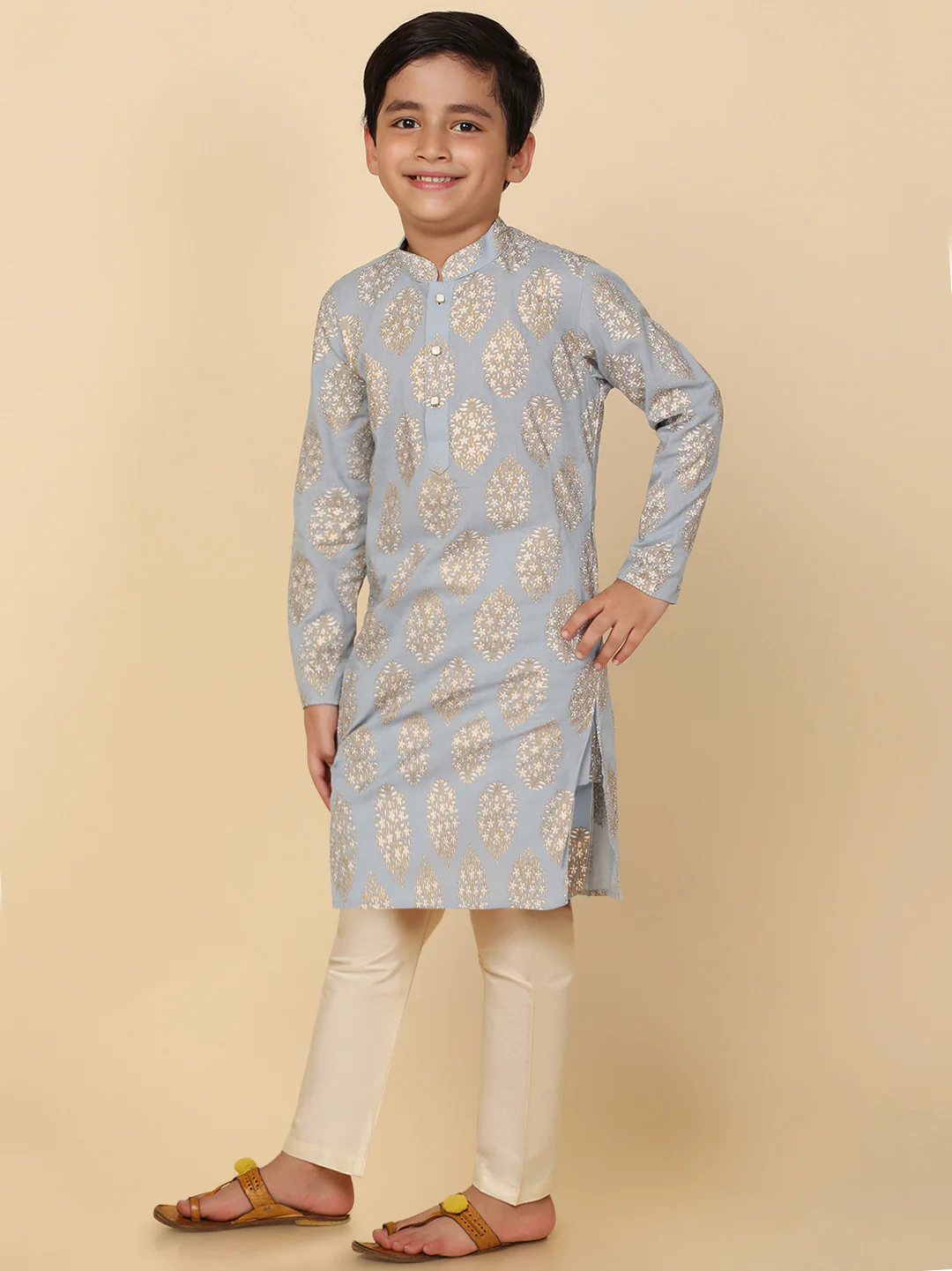 Boys Blue Kurta Pyjama Set - Image 3