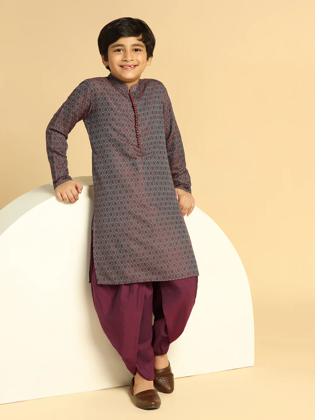 Boy's Blue Self Design Kurta Dhoti Set