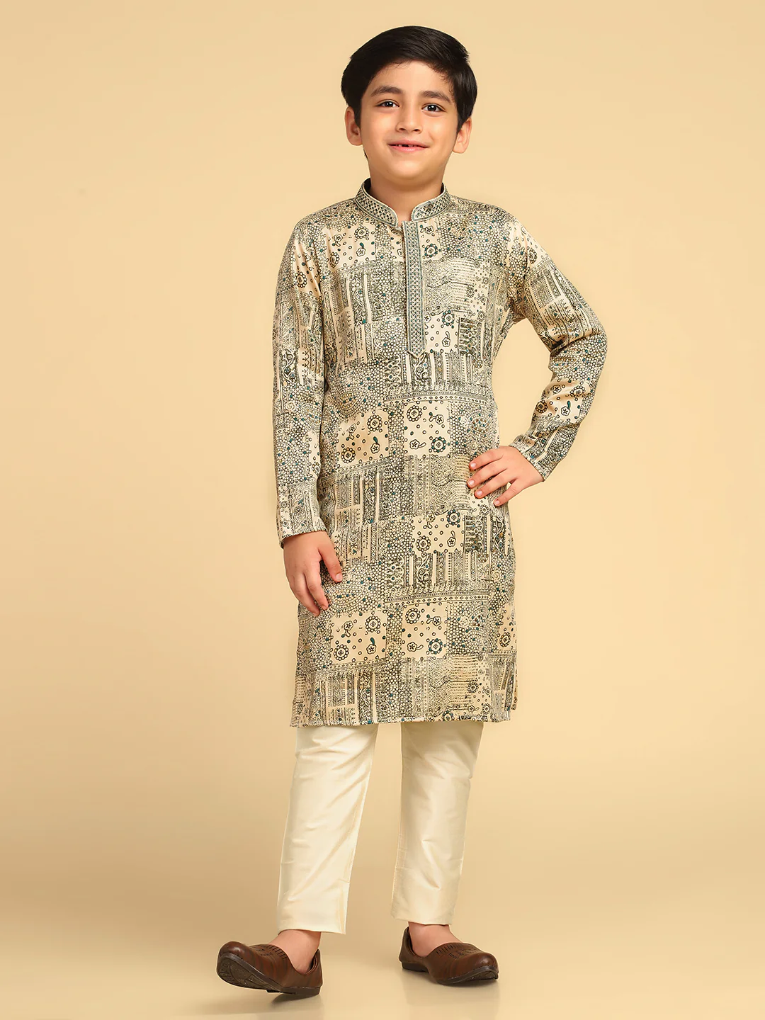 Boy's Bottle Green Foil Print Abstract Kurta Pyjama Set