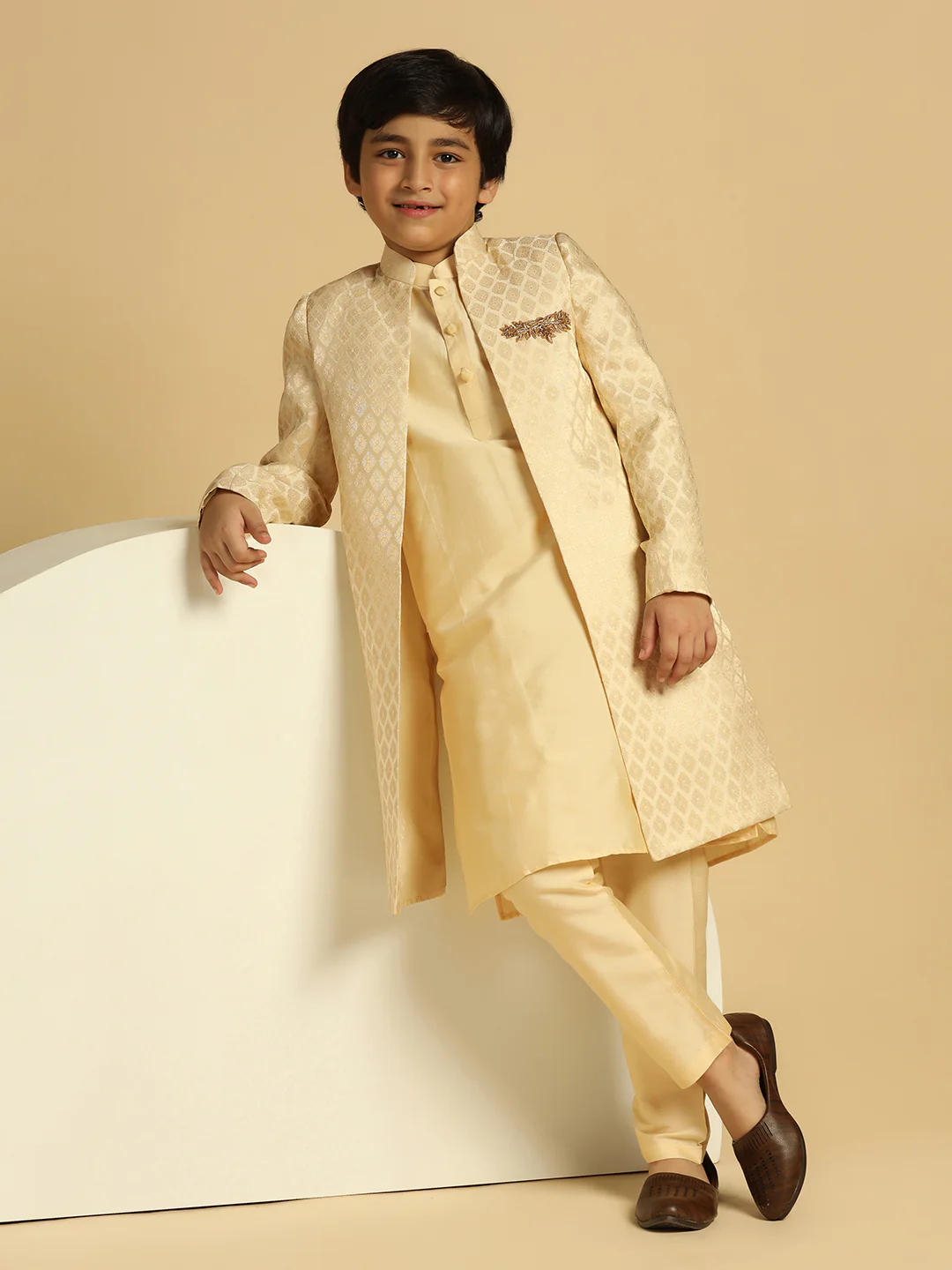 Boy's Cream Embellished Kurta Indowestern Pyjama Set