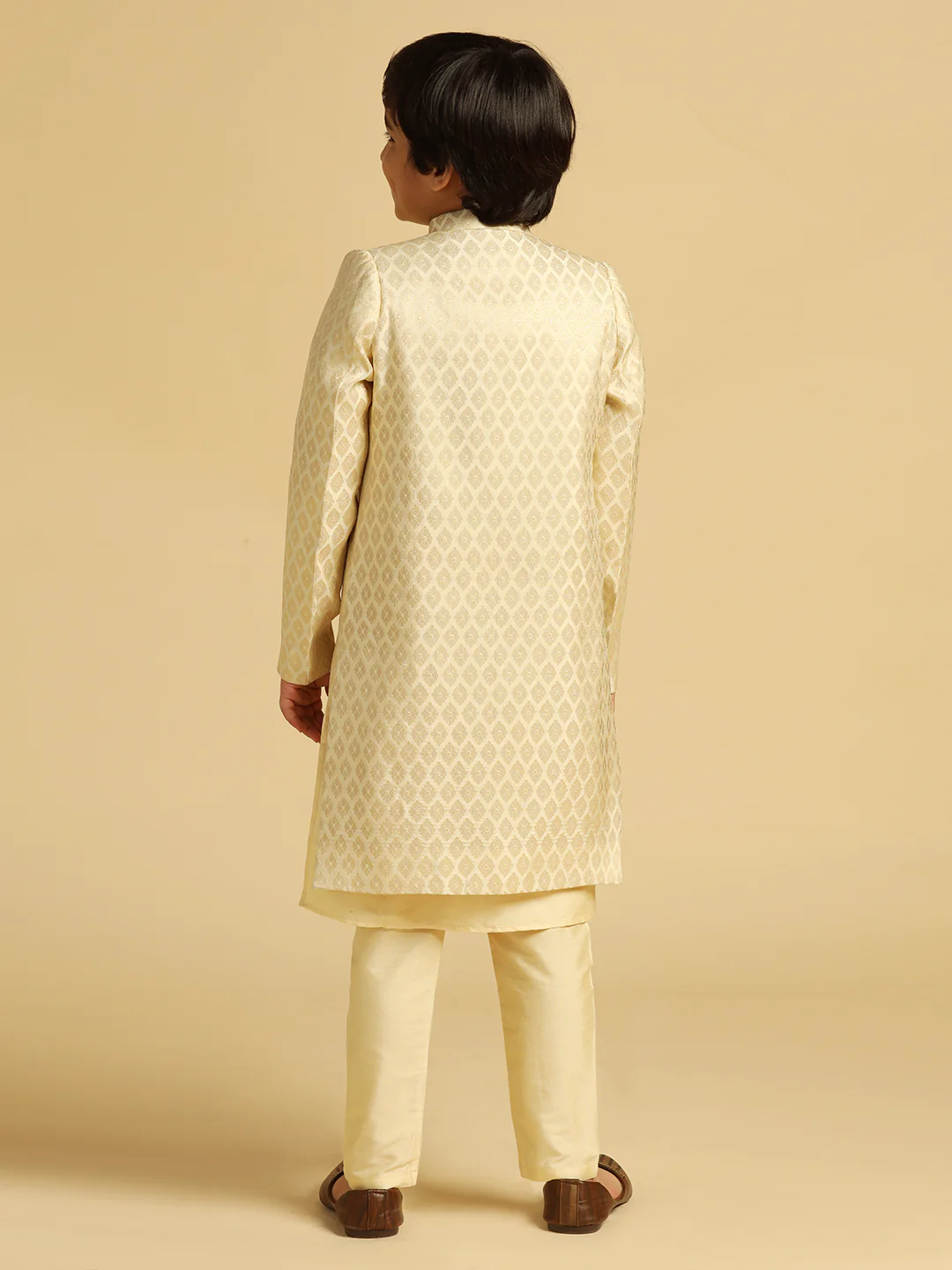 Boy's Cream Embellished Kurta Indowestern Pyjama Set - Image 4
