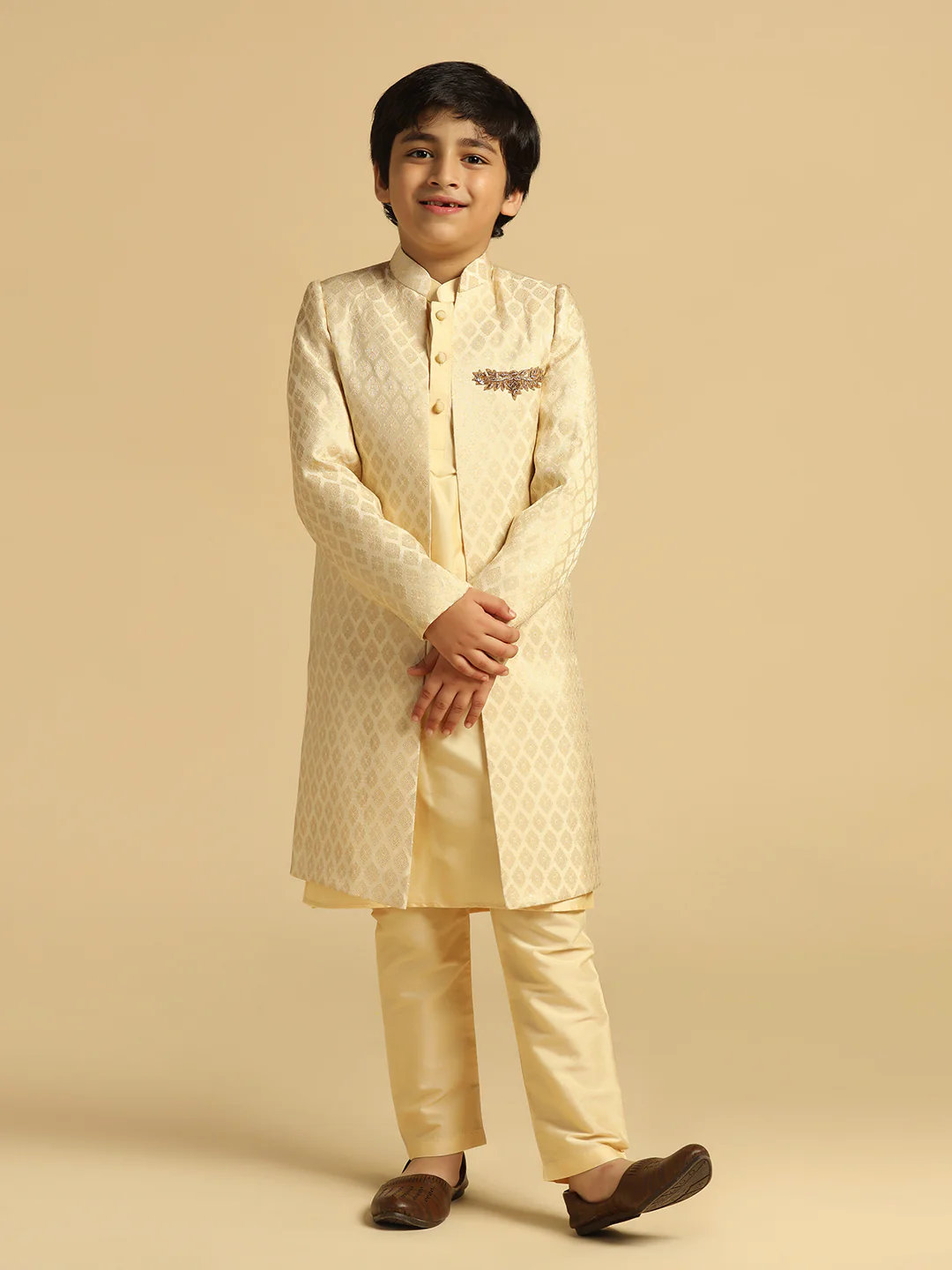 Boy's Cream Embellished Kurta Indowestern Pyjama Set - Image 7