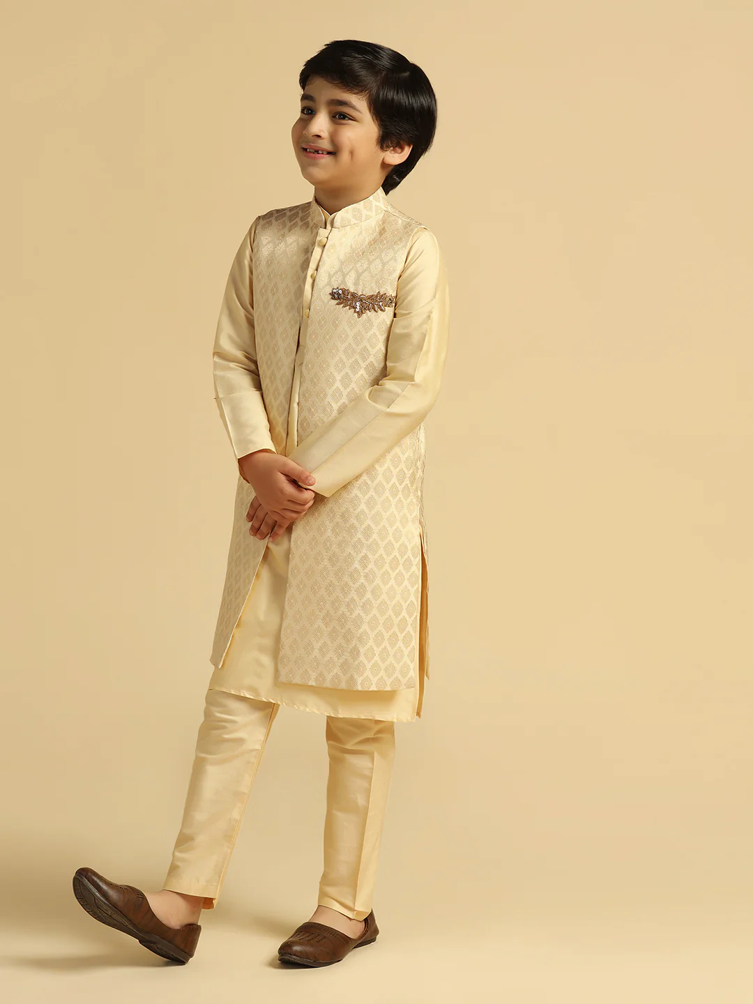Boy's Cream Embellished Kurta Jacket Pyjama Set - Image 2
