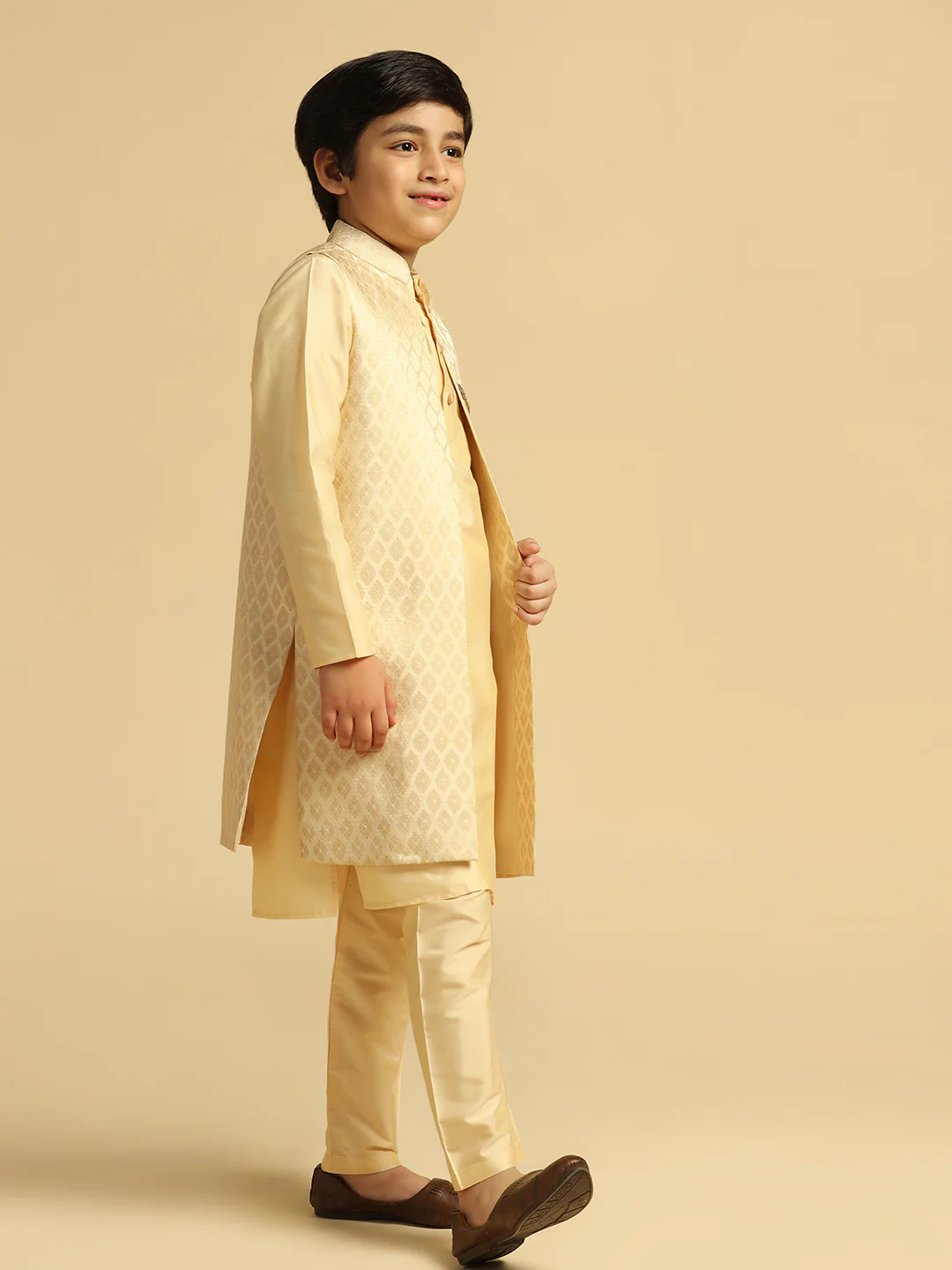 Boy's Cream Embellished Kurta Jacket Pyjama Set - Image 3