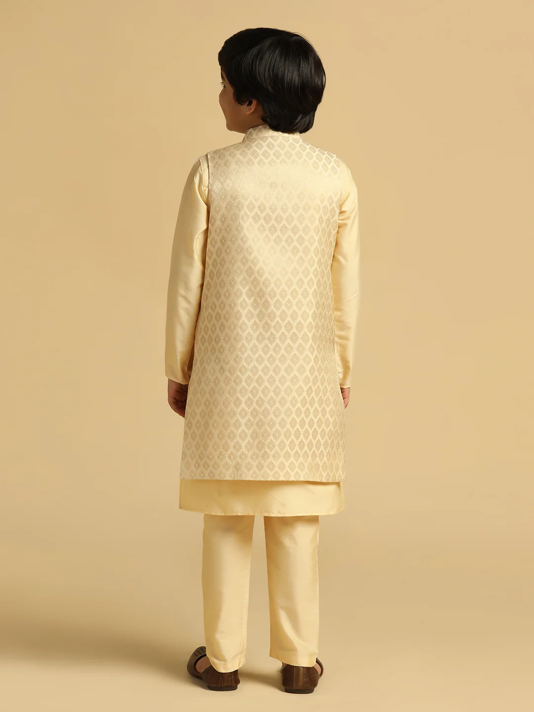 Boy's Cream Embellished Kurta Jacket Pyjama Set - Image 4