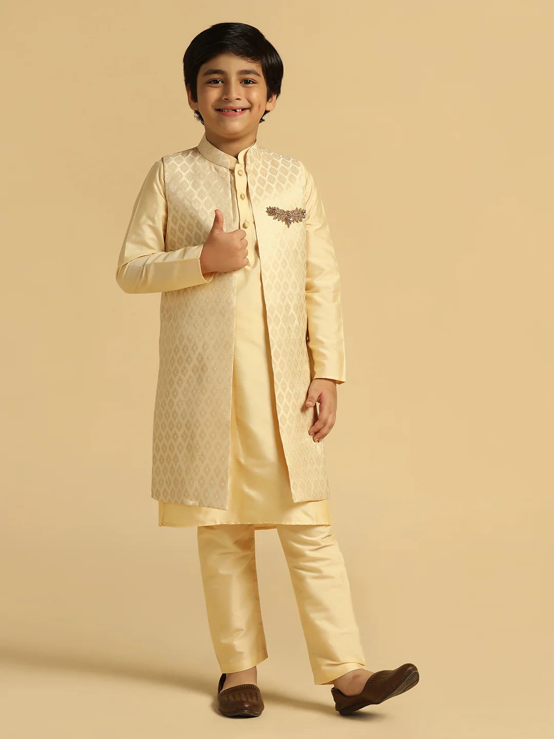 Boy's Cream Embellished Kurta Jacket Pyjama Set - Image 7