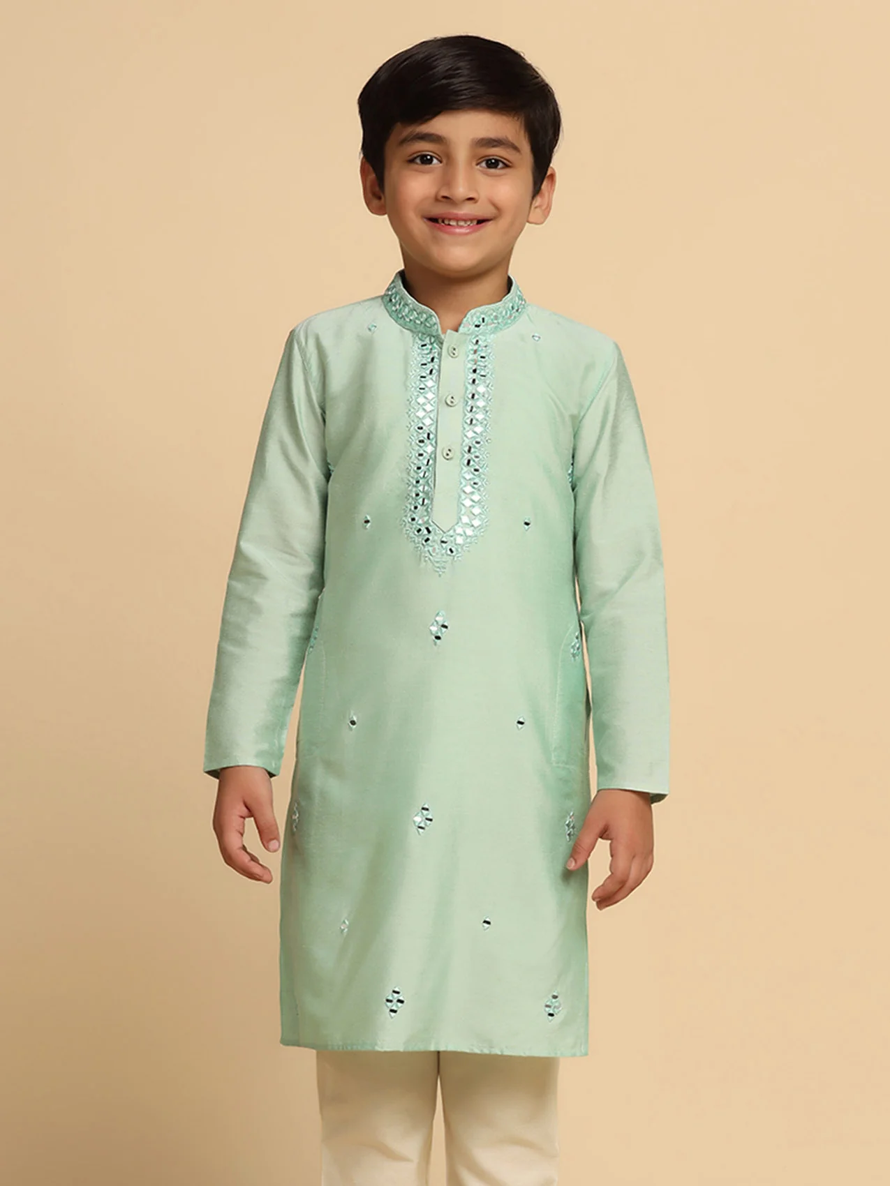 Boy's Green Self Design Kurta