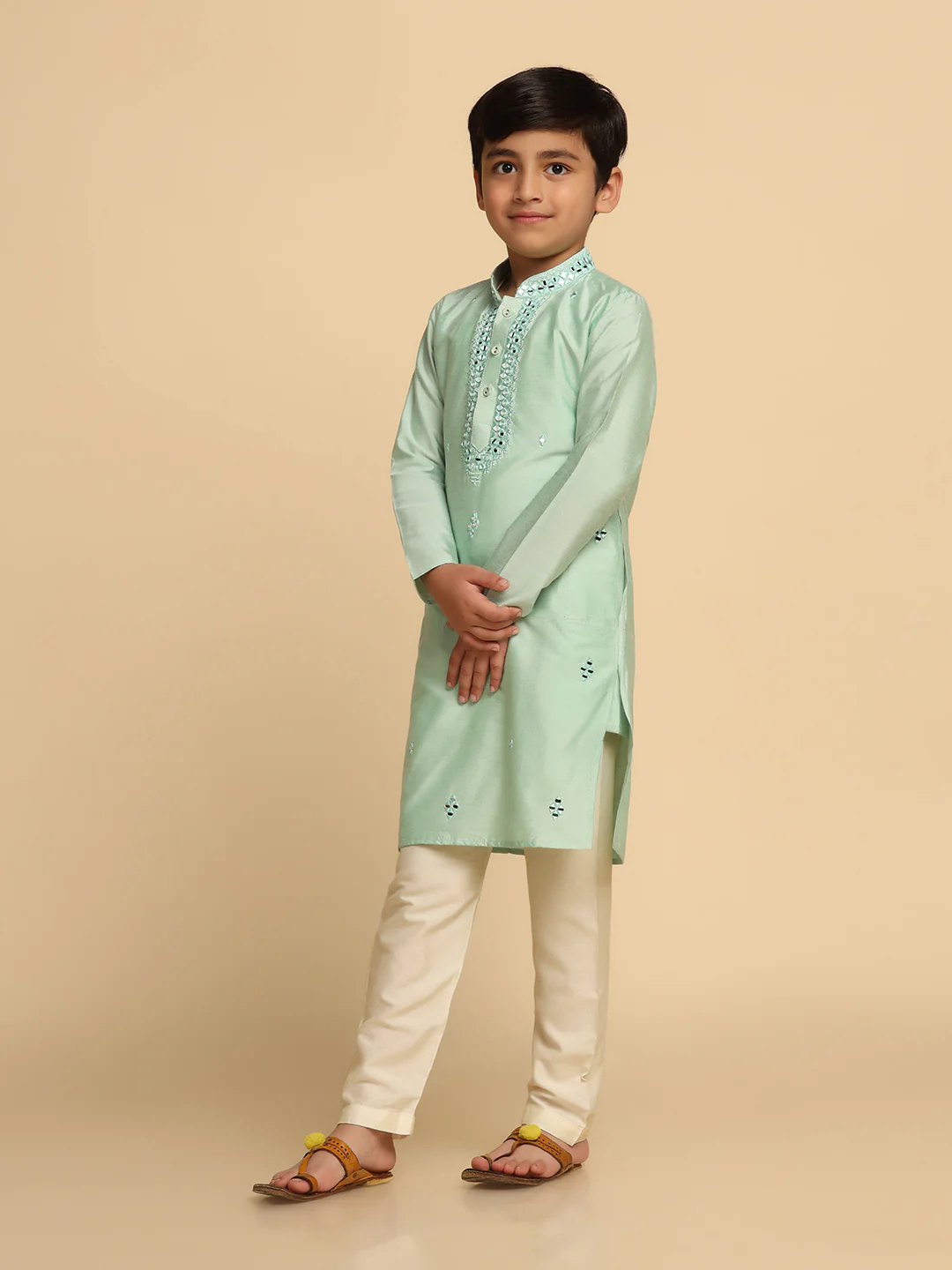 Boy's Green Self Design Kurta - Image 3