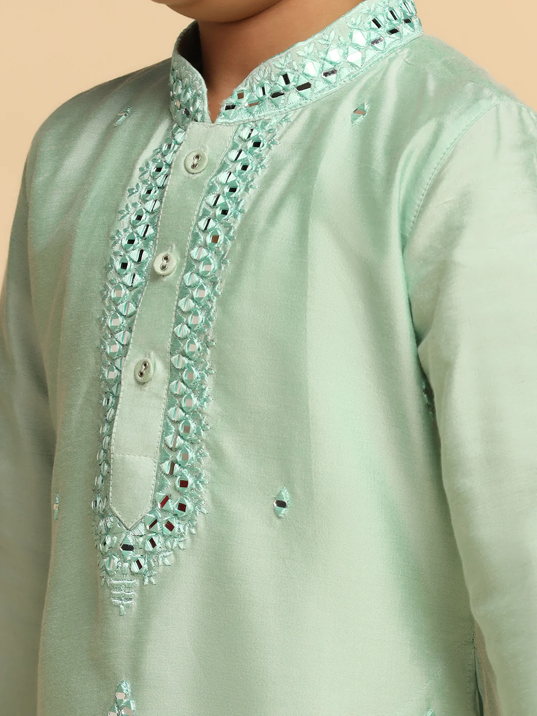 Boy's Green Self Design Kurta - Image 5