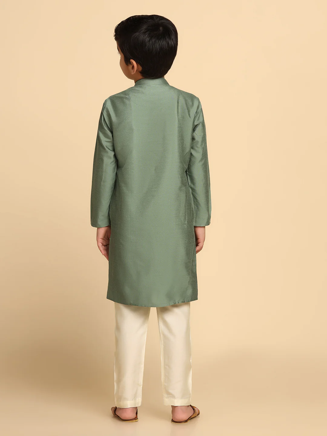 Boy's Green Solid Kurta Churidar Set - Image 4