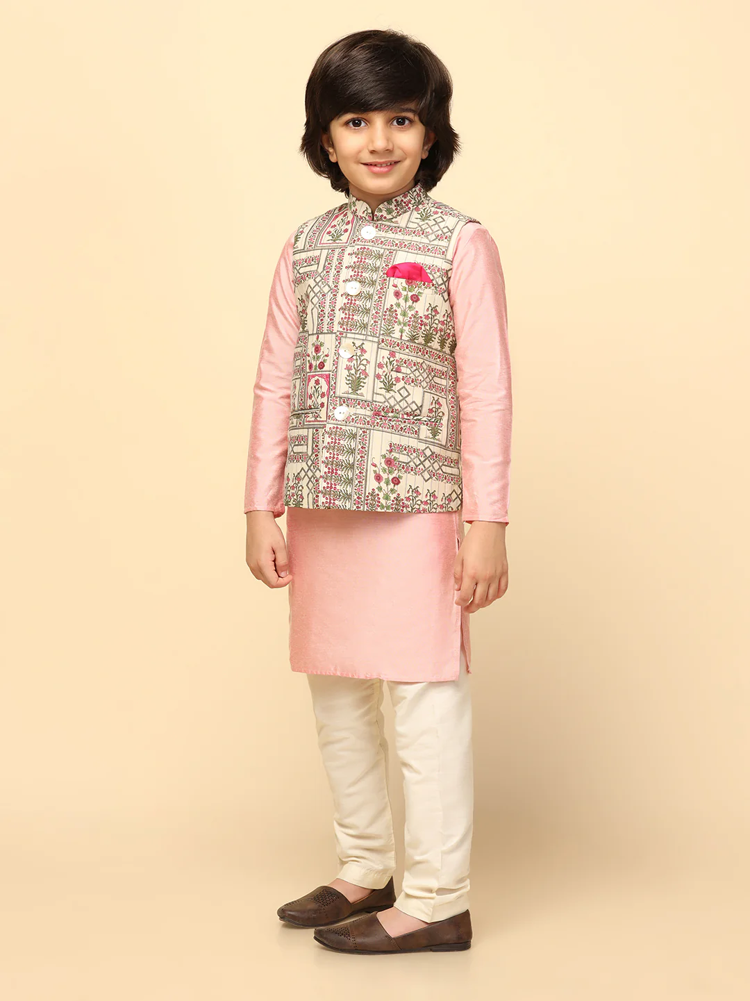 Boy's Green Printed Nehru Jacket - Image 3