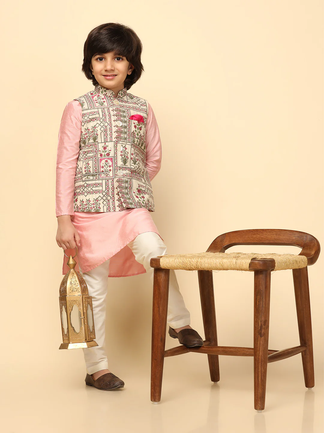 Boy's Green Printed Nehru Jacket - Image 6