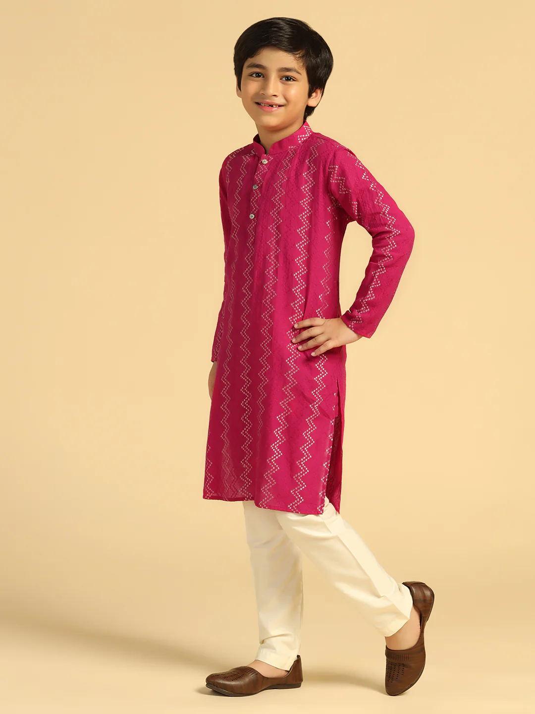 Boy's Hot Pink Embroidered Kurta - Image 2