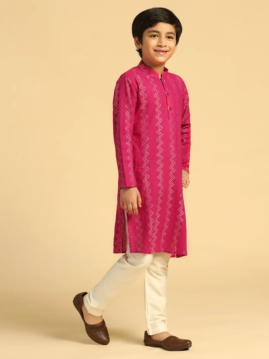 Boy's Hot Pink Embroidered Kurta Pyjama Set - Image 3