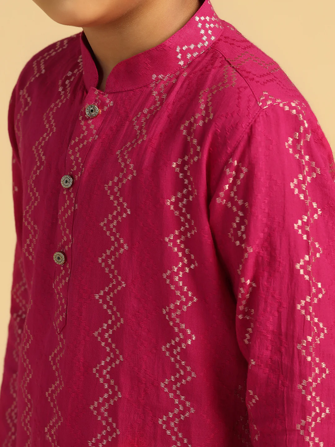 Boy's Hot Pink Embroidered Kurta Pyjama Set - Image 5