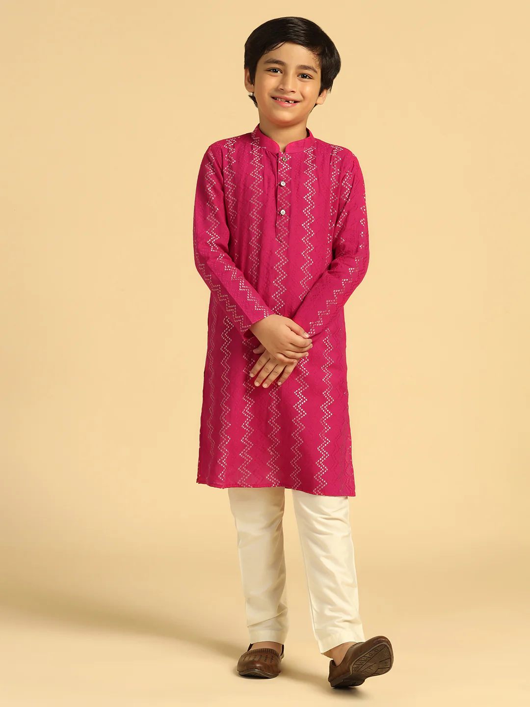 Boy's Hot Pink Embroidered Kurta Pyjama Set - Image 7