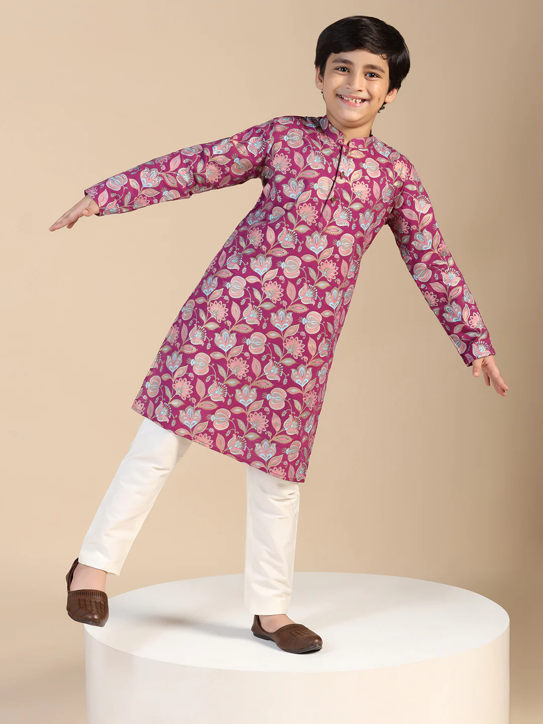 Boy's Hot Pink Floral Printed Kurta