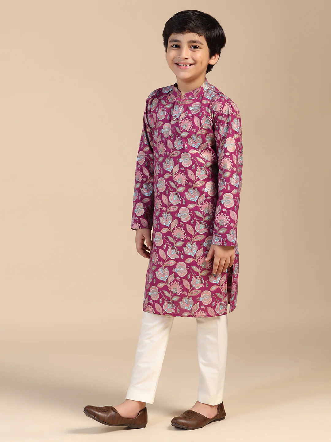 Boy's Hot Pink Floral Printed Kurta - Image 2