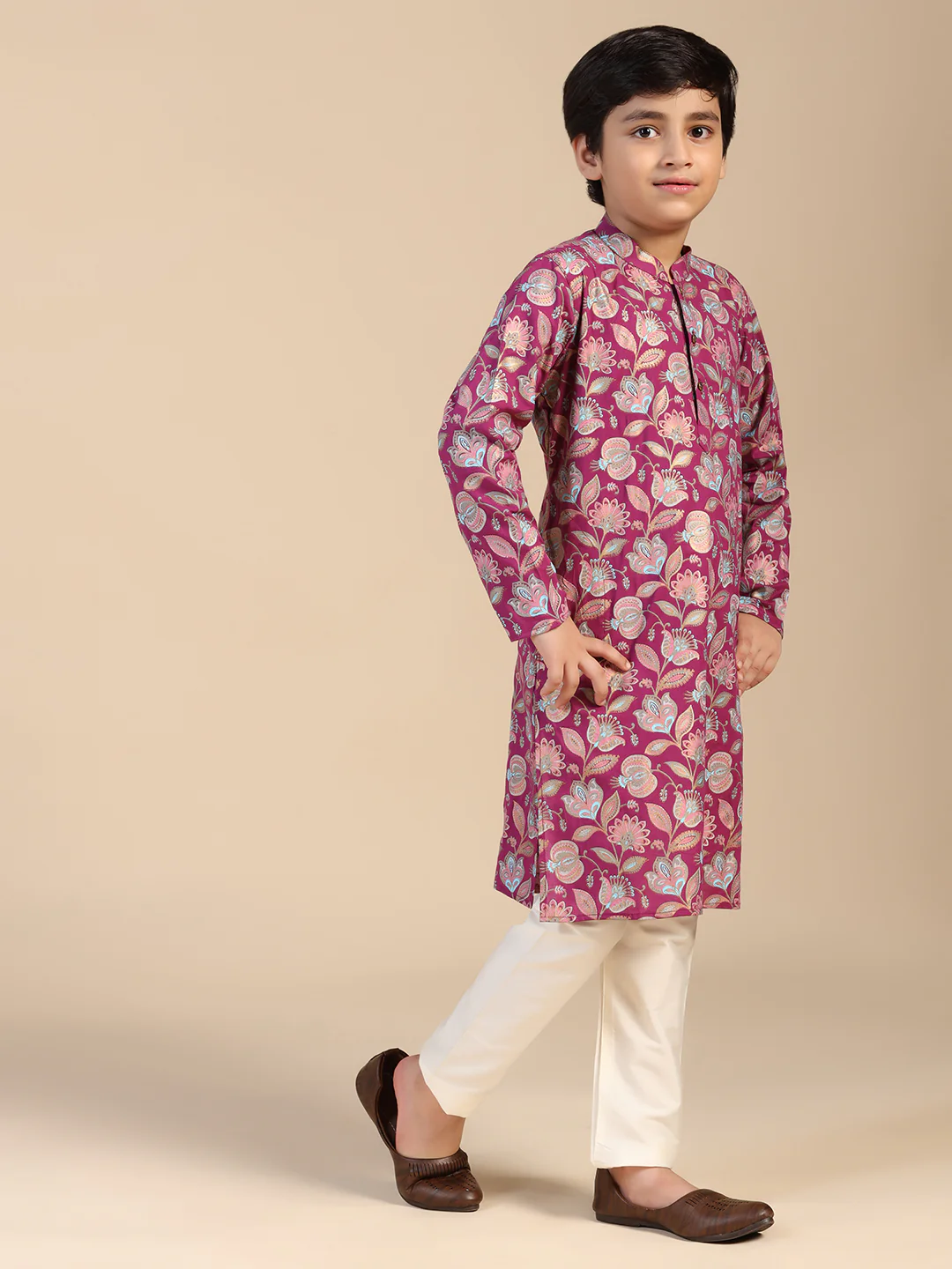 Boy's Hot Pink Floral Printed Kurta - Image 3